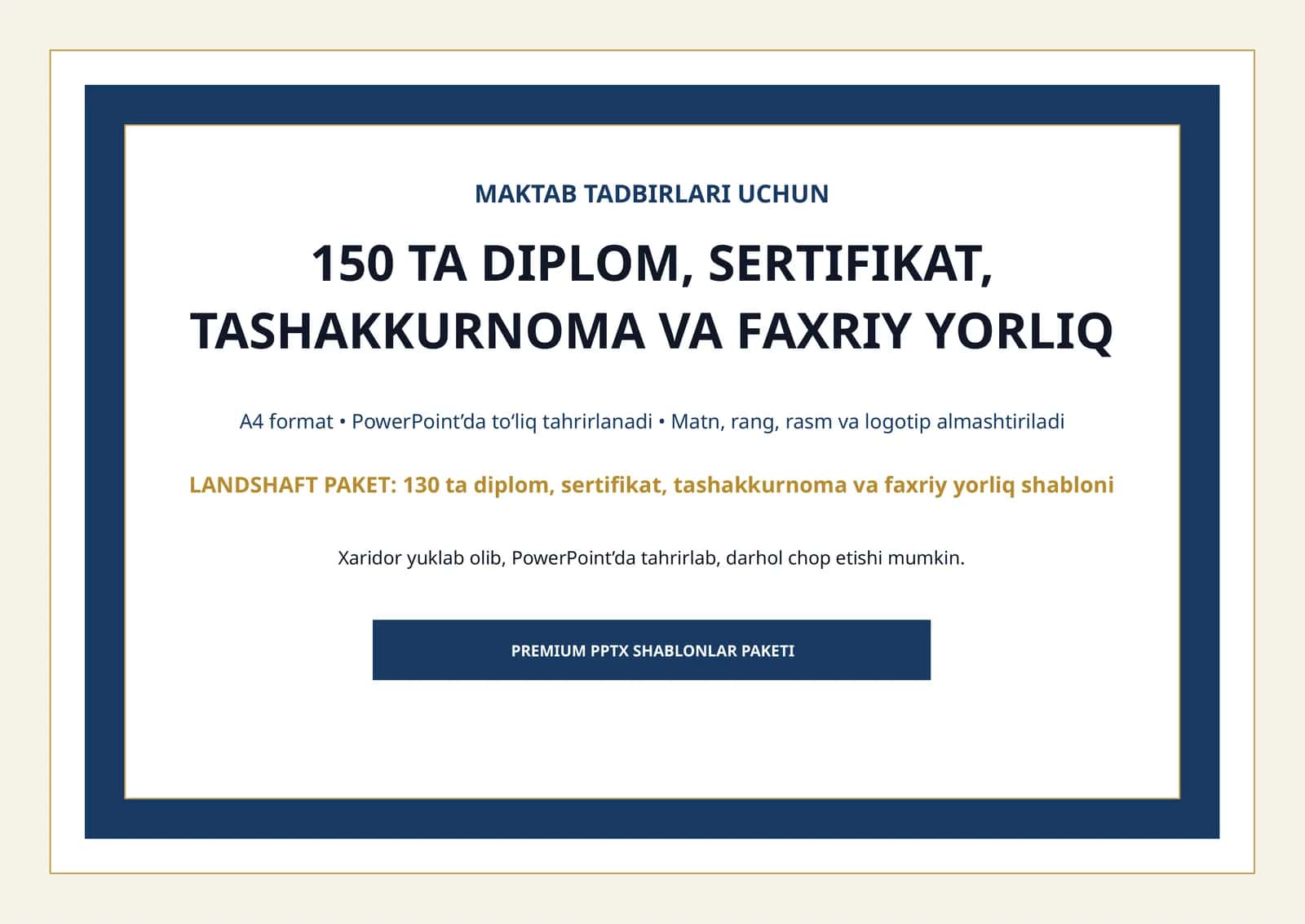 MAKTAB TADBIRLARI UCHUN 150 TA DIPLOM, SERTIFIKAT, TASHAKKURNOMA VA FAXRIY YORLIQ