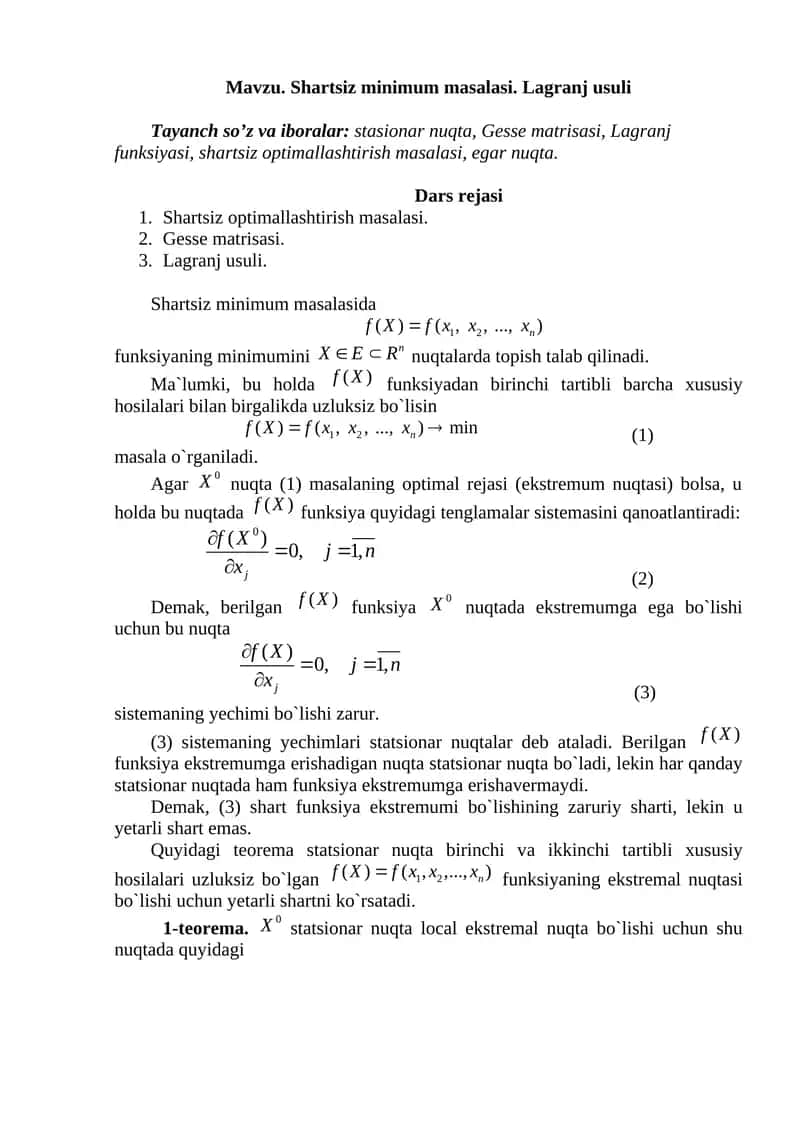 Shartsiz minimum masalasi. Lagranj usuli