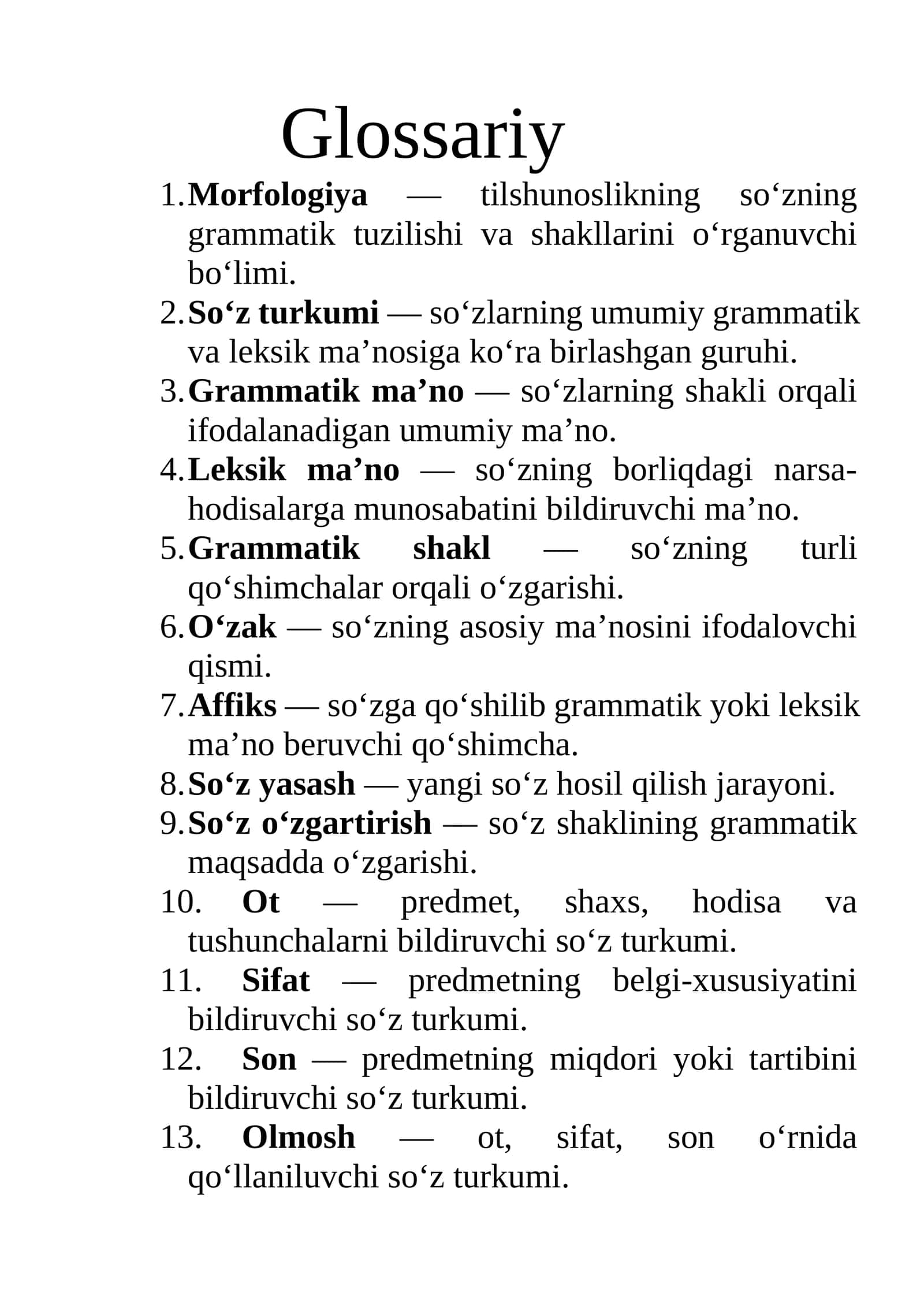 Tilshunoslik nazariyasi fani Morfologiya mavzusiga doir glossariy