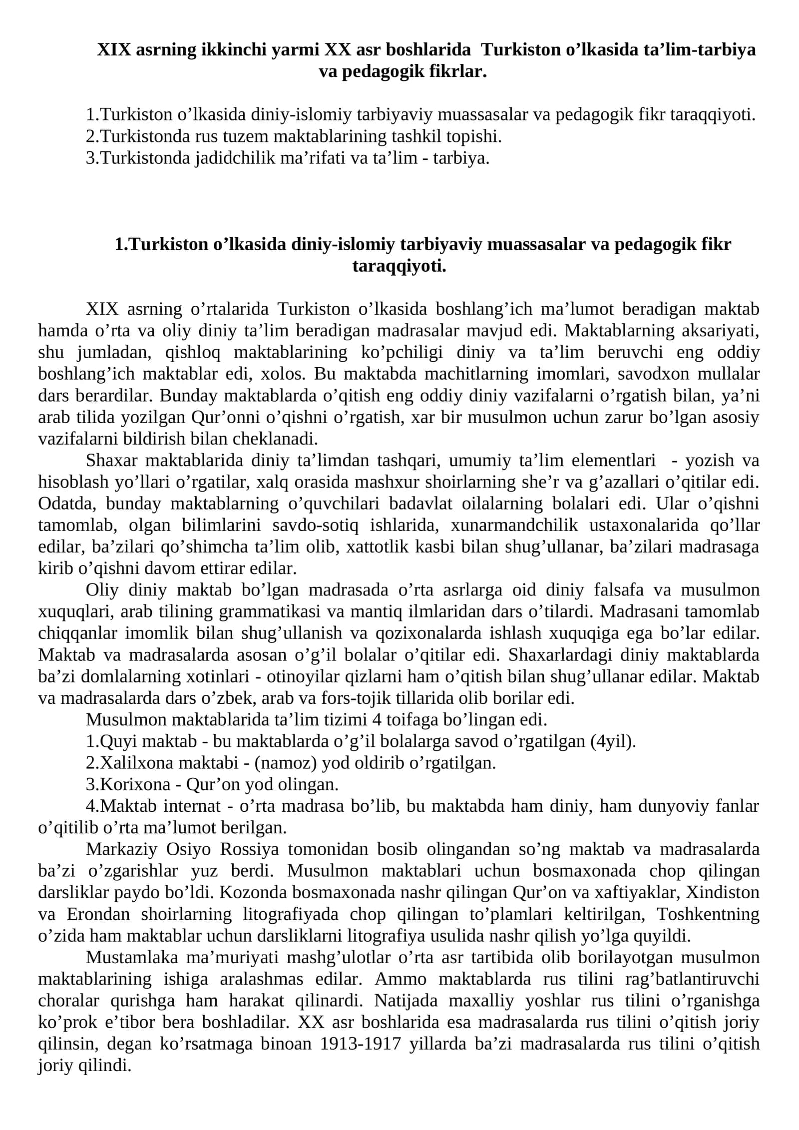Turkiston o’lkasida ta’lim-tarbiya va pedagogik fikrlar