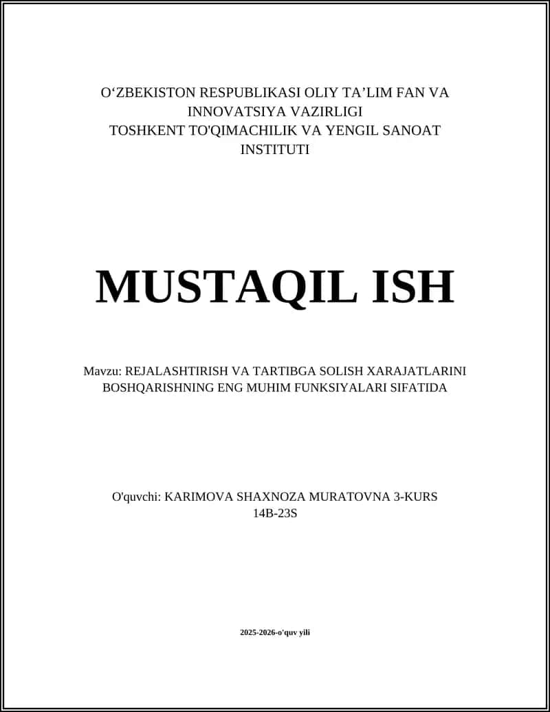 REJALASHTIRISH VA TARTIBGA SOLISH XARAJATLARINI BOSHQARISHNING ENG MUHIM FUNKSIYALARI SIFATIDA