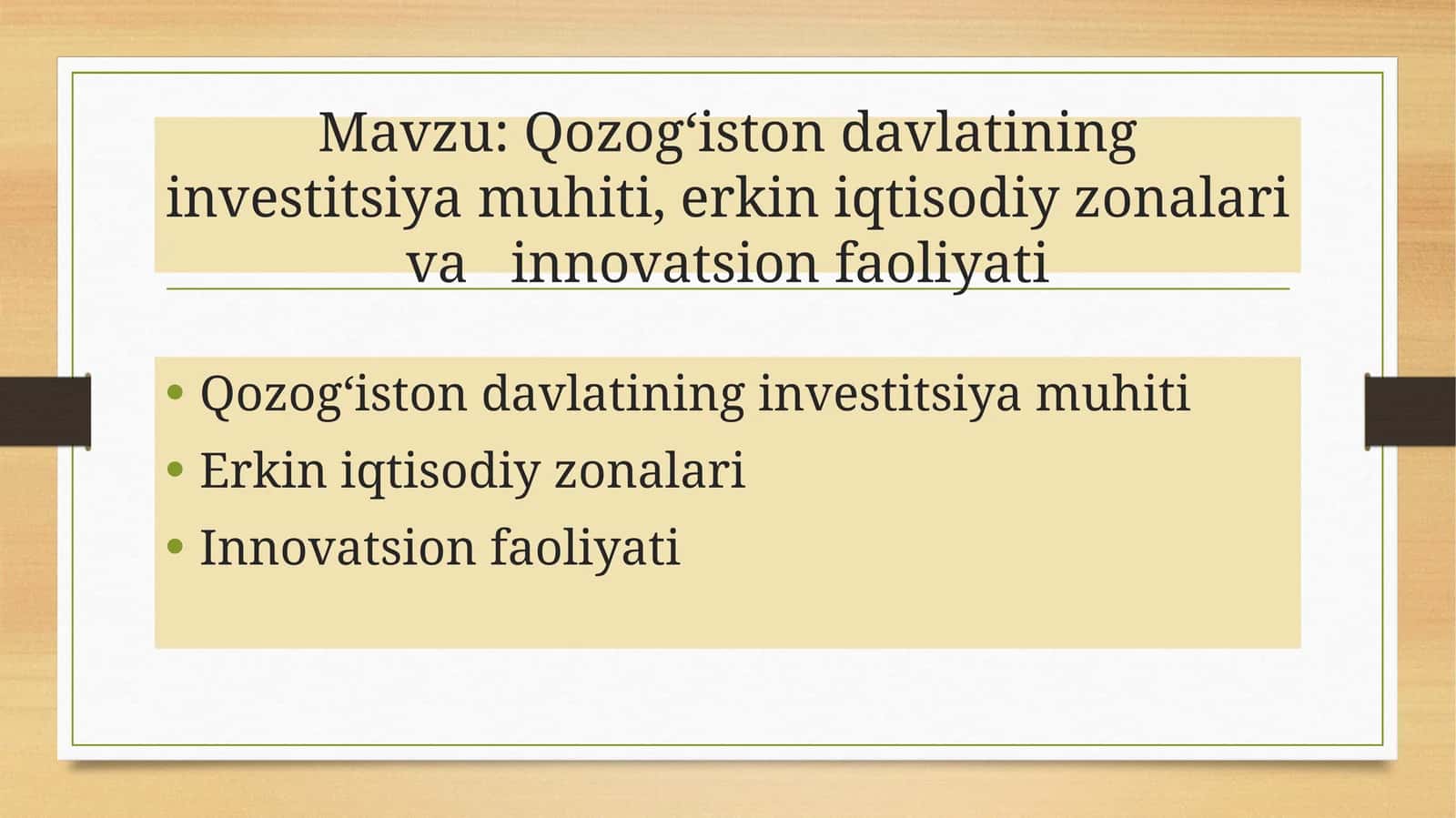 Qozogʻiston Davlatining Investitsiya Muhiti, Erkiniqtisodiy Zonalar va Innovatsion Faoliyati