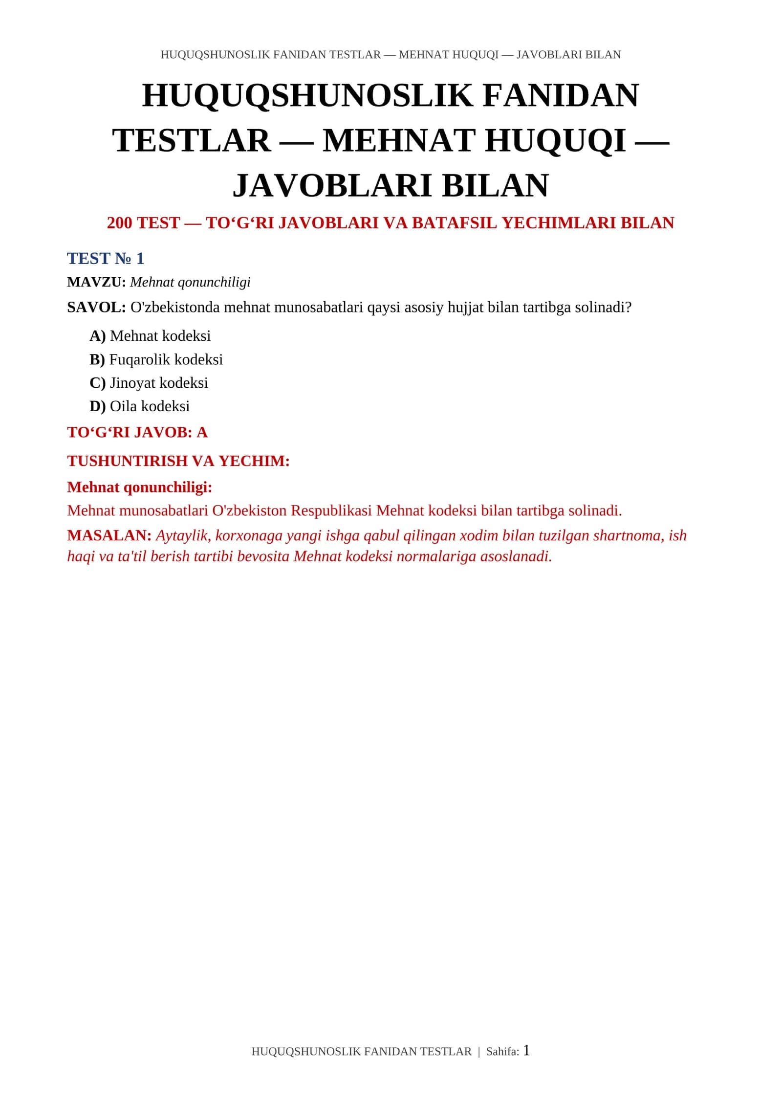 HUQUQSHUNOSLIK FANIDAN TESTLAR — MEHNAT HUQUQI — JAVOBLARI BILAN