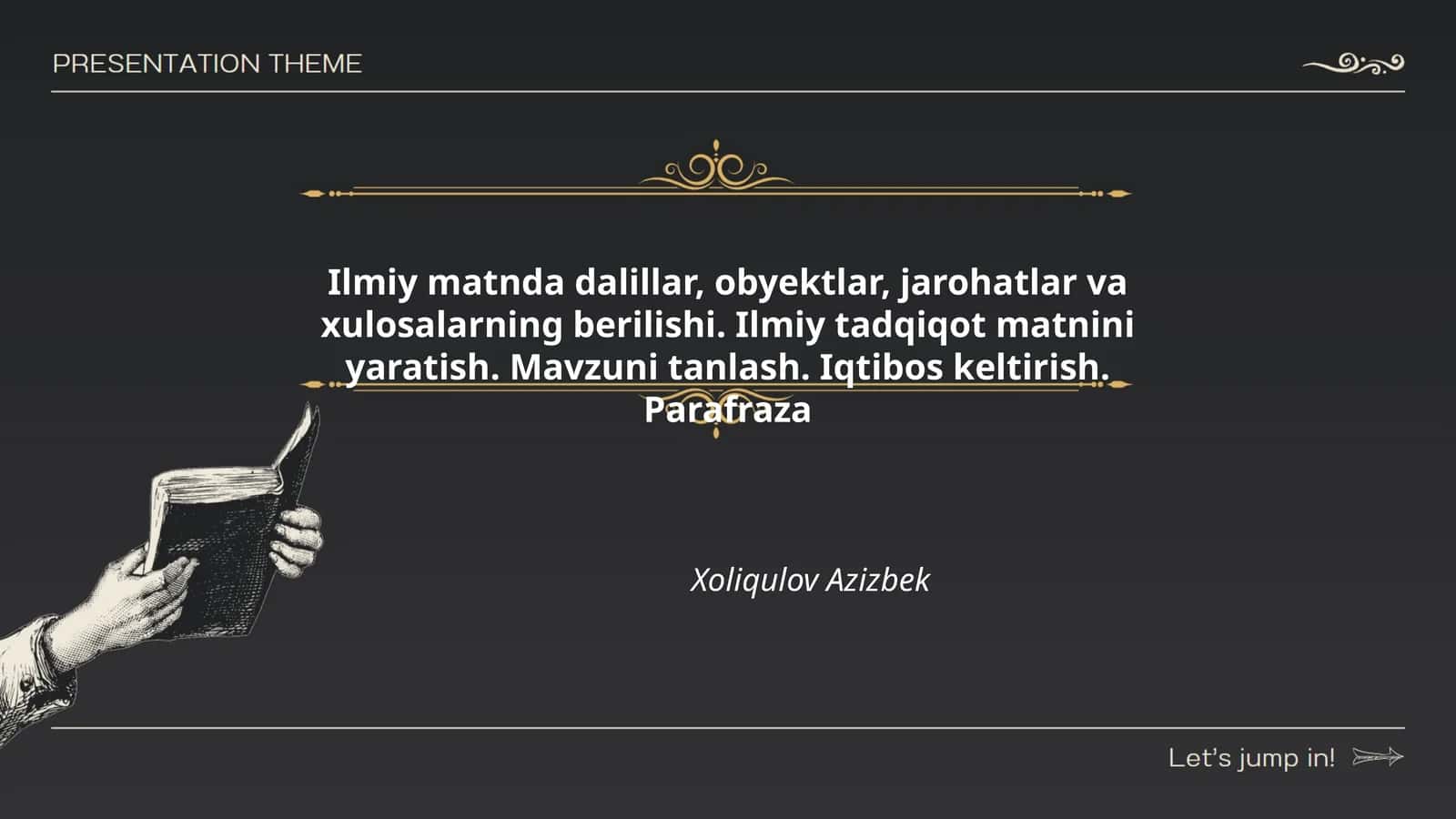 Ilmiy matnda dalillar, obyektlar, jarohatlar va xulosalarning berilishi. Ilmiy tadqiqot matnini yaratish. Mavzuni tanlash. Iqtibos keltirish. Parafraza