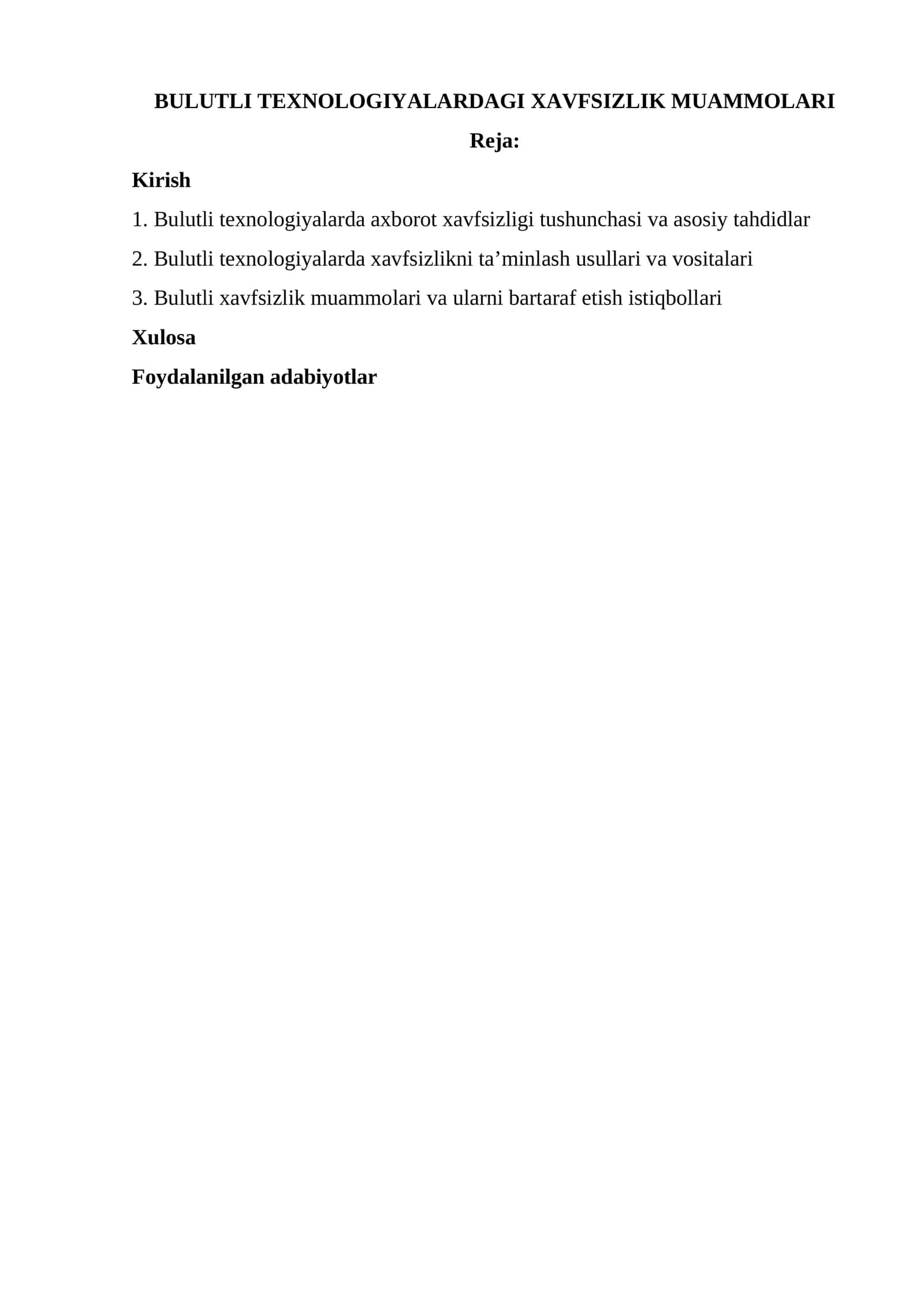 BULUTLI TEXNOLOGIYALARDAGI XAVFSIZLIK MUAMMOLARI