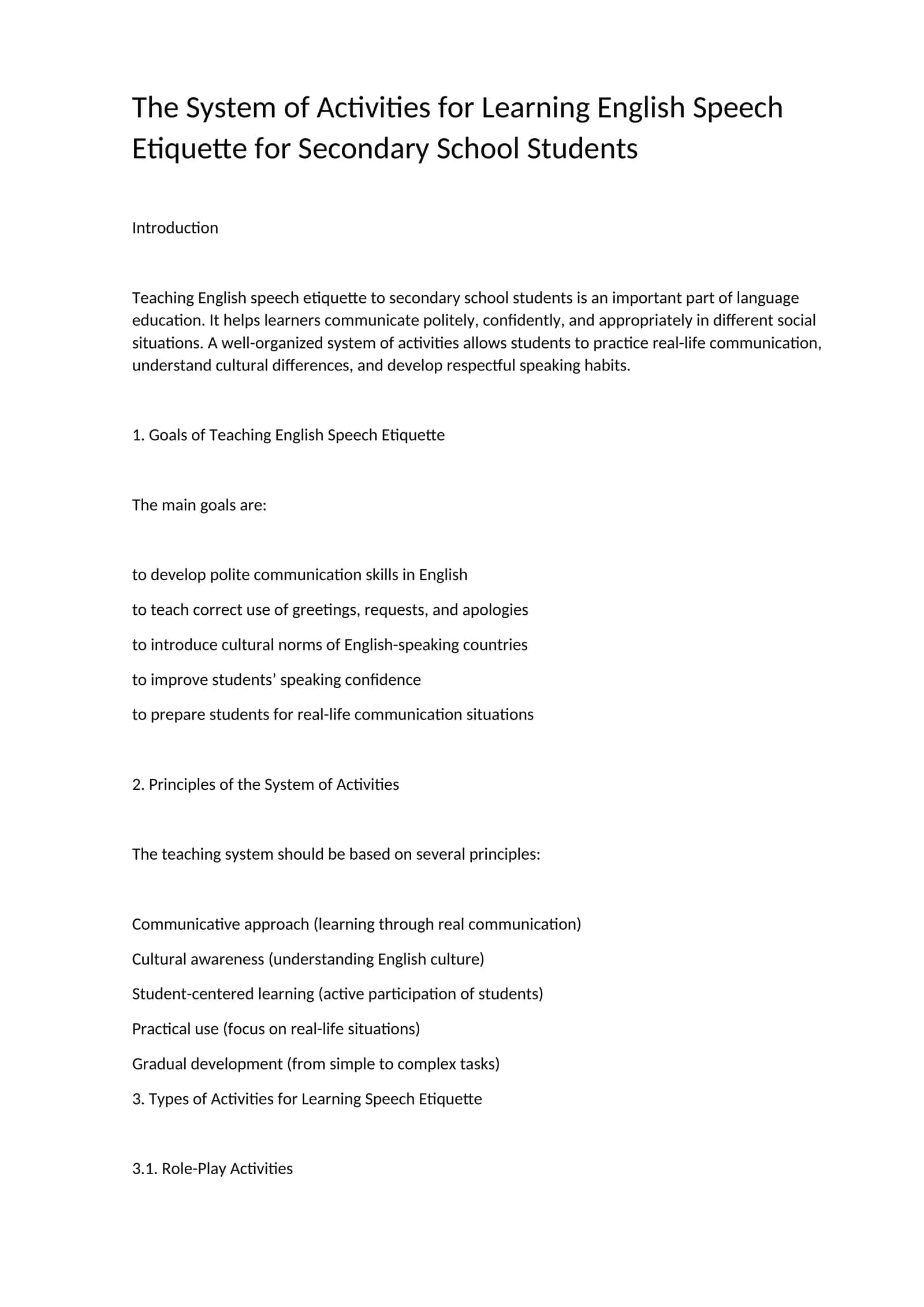 The System of Activities for Learning English Speech Etiquette for Secondary School Students