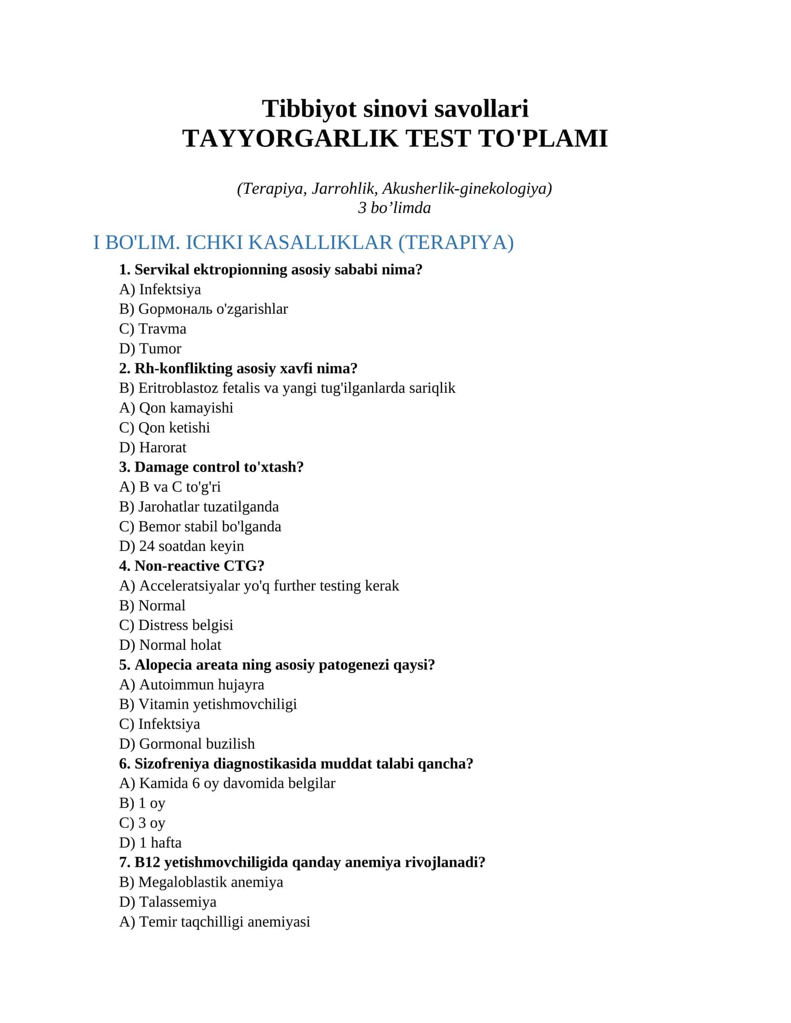 Tibbiyot sinovi savollari