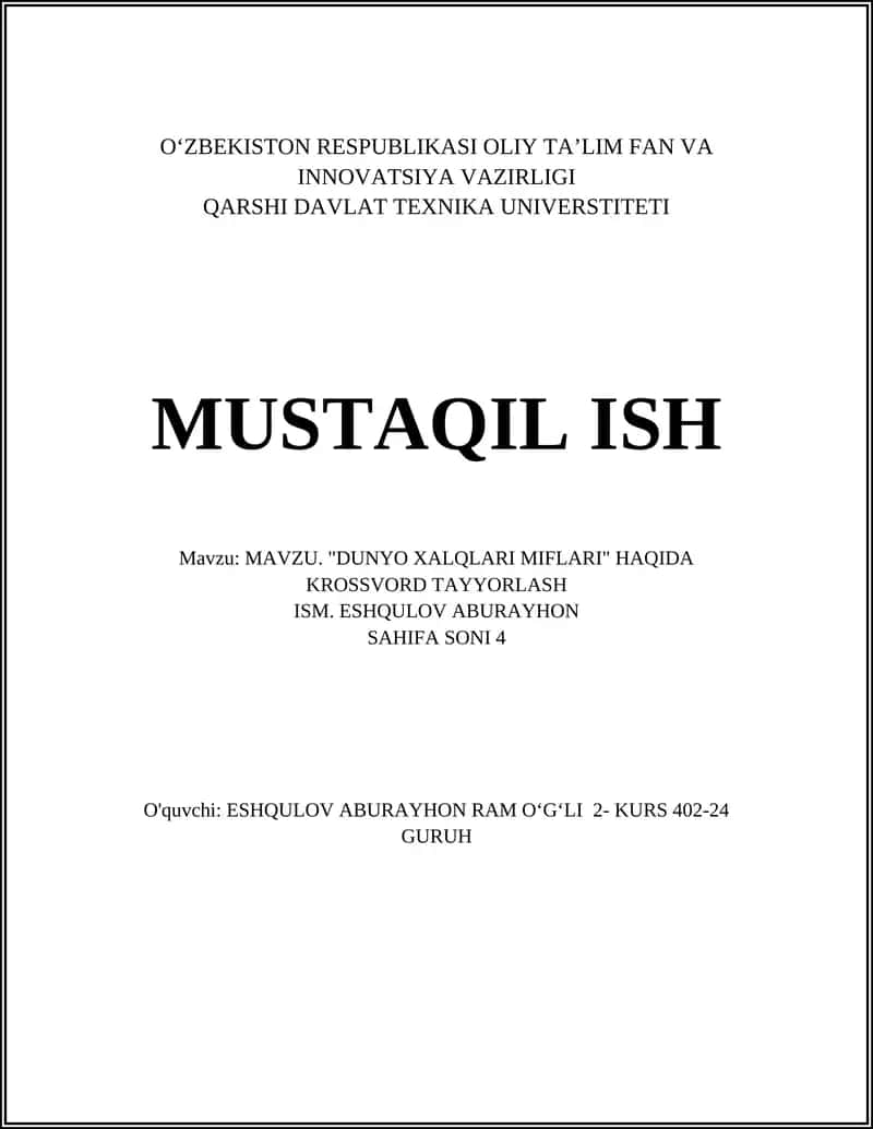 "DUNYO XALQLARI MIFLARI" HAQIDA KROSSVORD TAYYORLASH