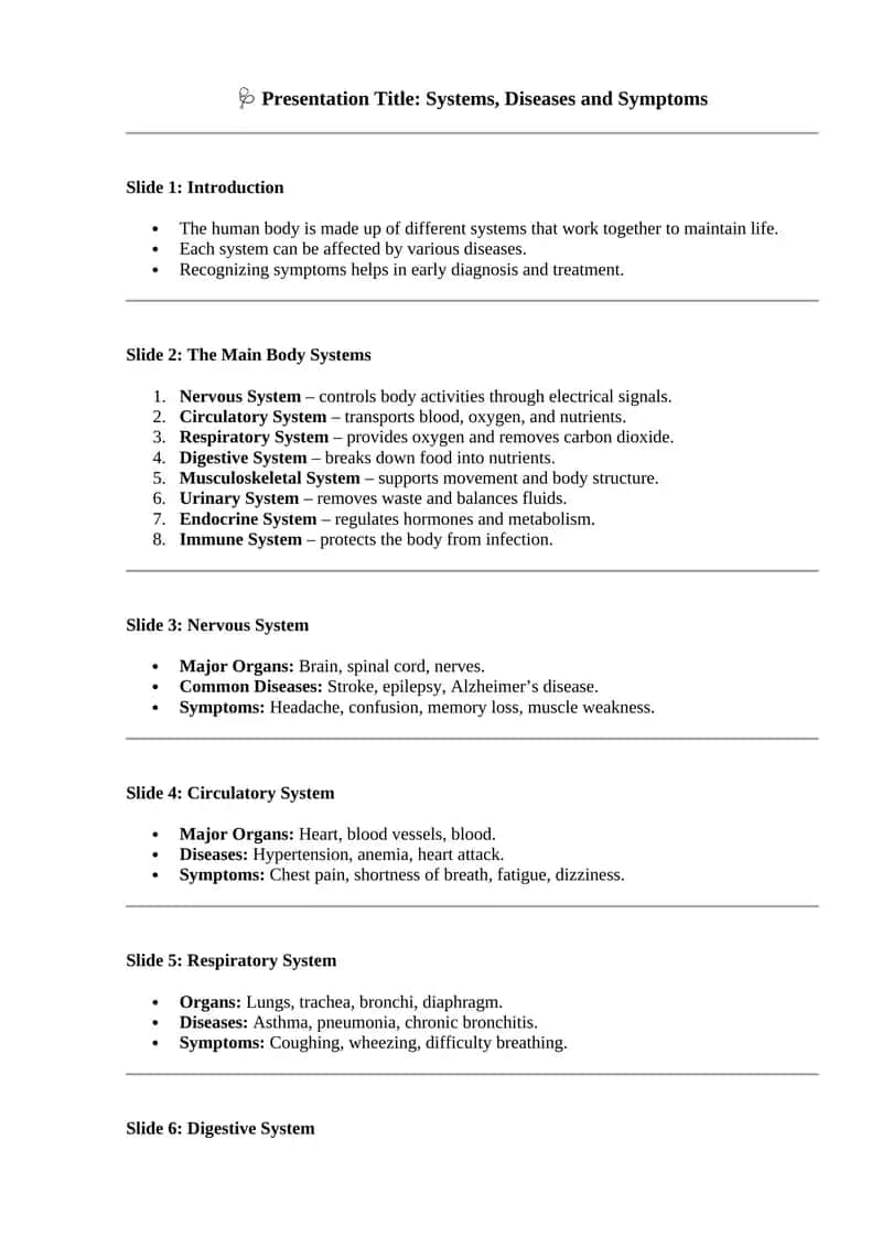 Systems, Diseases and Symptoms