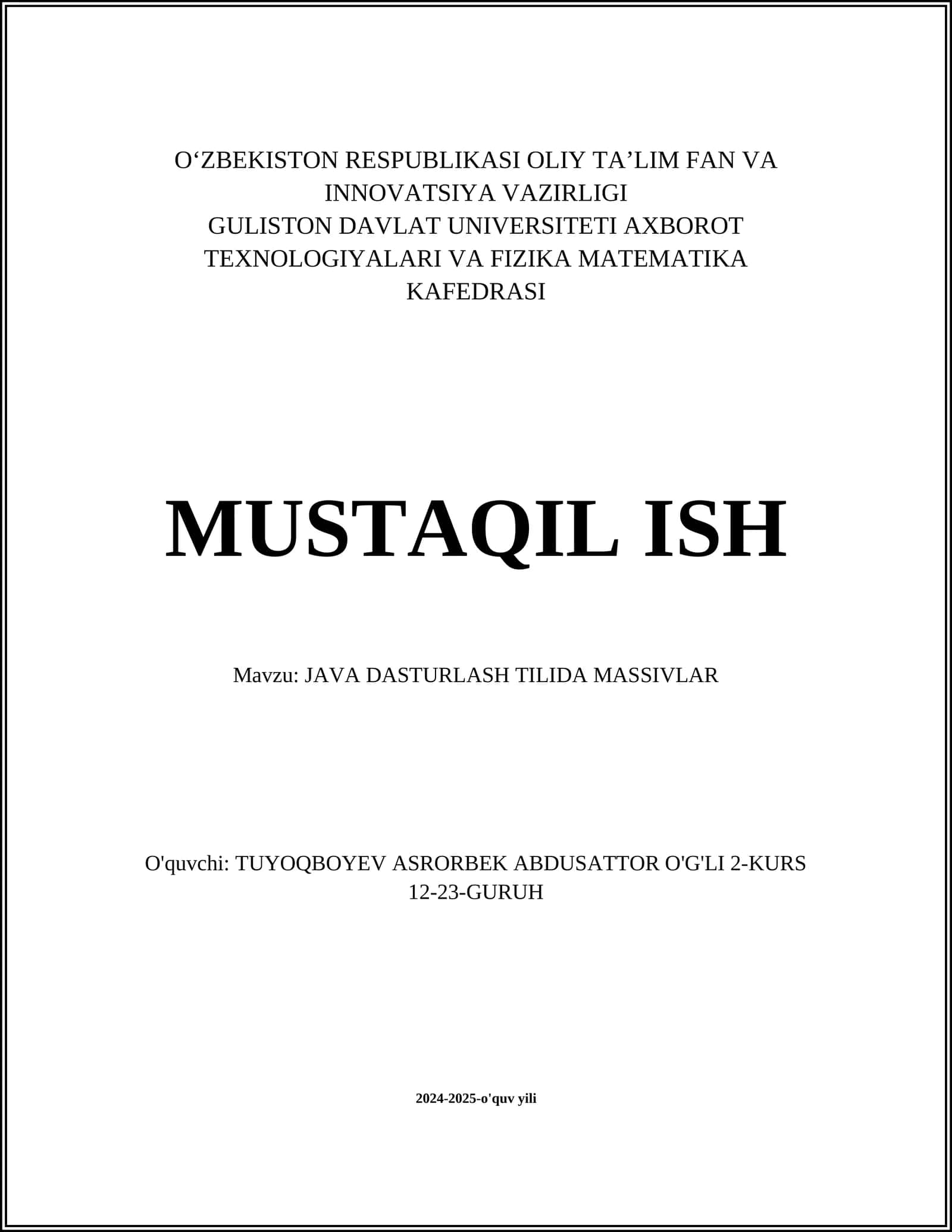 JAVA DASTURLASH TILIDA MASSIVLAR