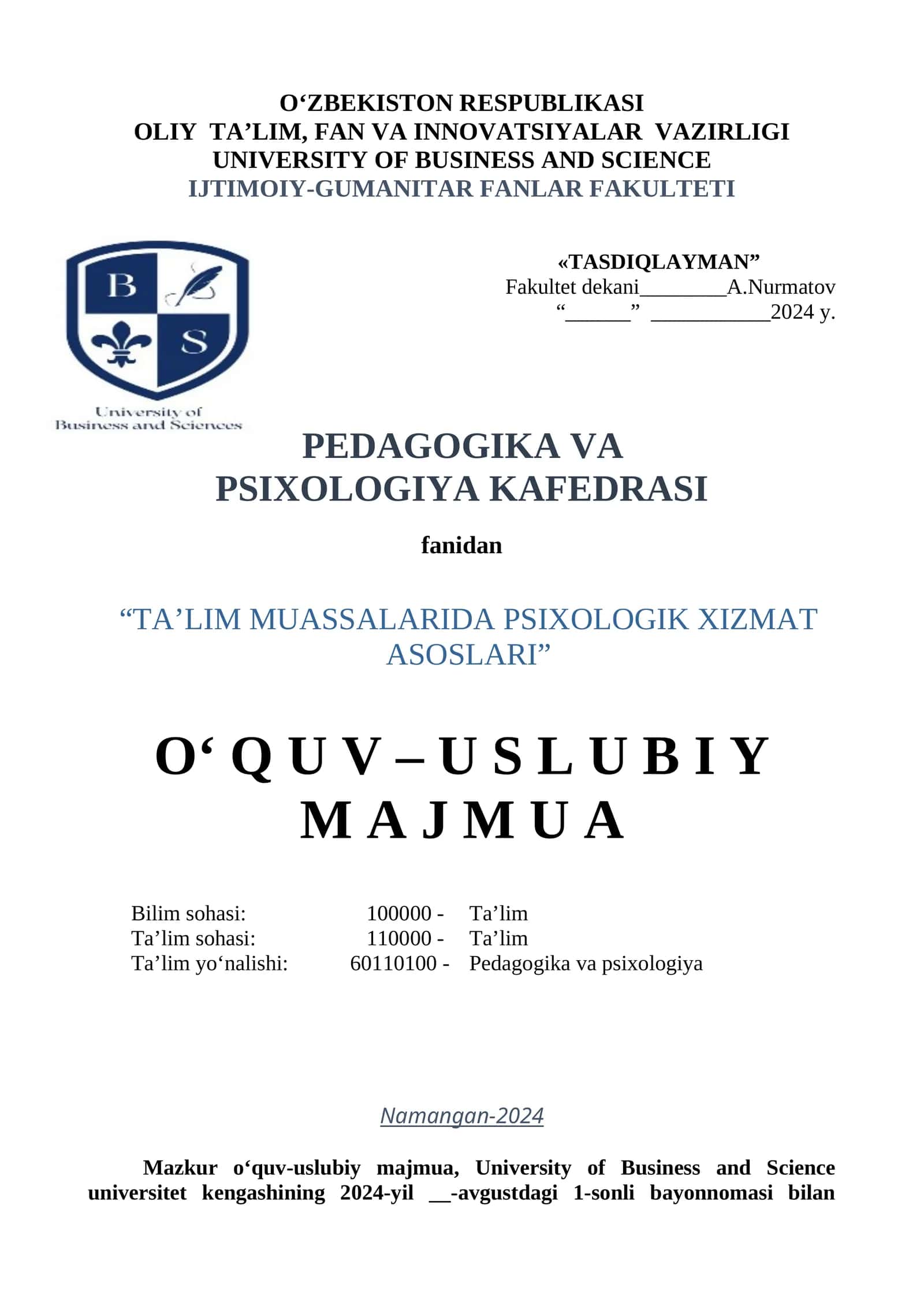 TA’LIM MUASSALARIDA PSIXOLOGIK XIZMAT ASOSLARI