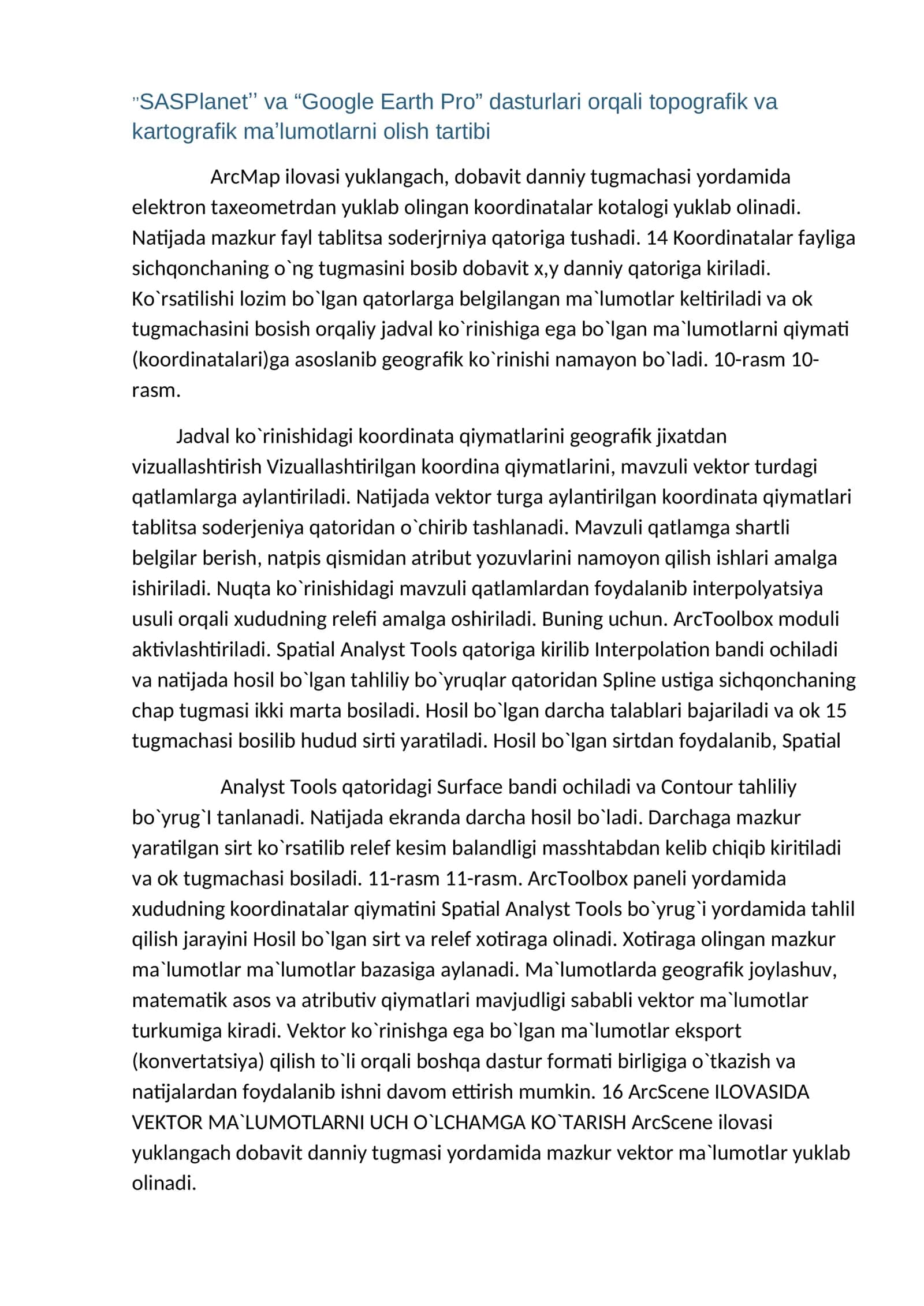 ʼʼSASPlanetʼʼ va “Google Earth Pro” dasturlari orqali topografik va kartografik maʼlumotlarni olish tartibi