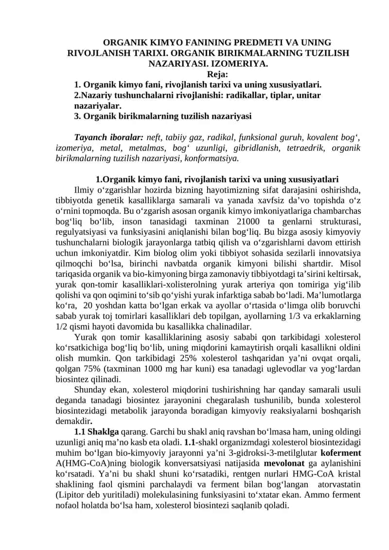 ORGANIK KIMYO FANINING PREDMETI VA UNING RIVOJLANISH TARIXI