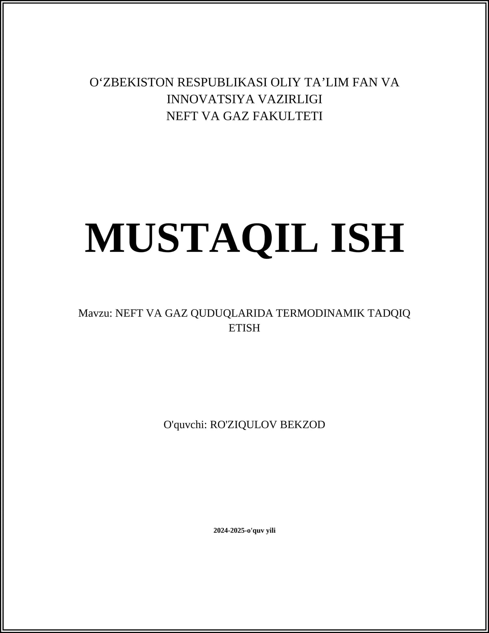 NEFT VA GAZ QUDUQLARIDA TERMODINAMIK TADQIQ ETISH