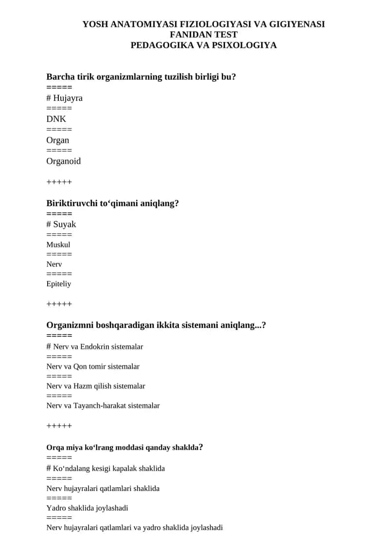 YOSH ANATOMIYASI FIZIOLOGIYASI VA GIGIYENASI FANIDAN TEST