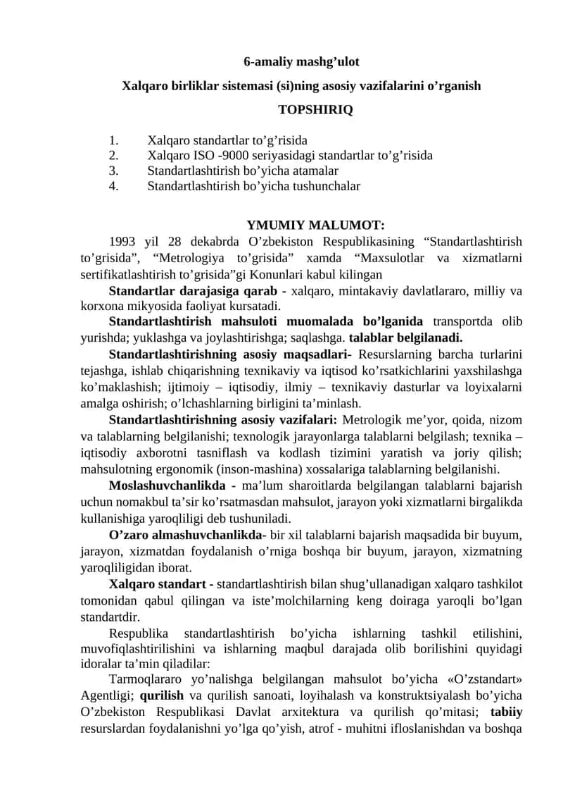 Xalqaro birliklar sistemasi (si)ning asosiy vazifalarini o’rganish
