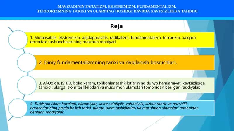 DINIY FANATIZM, EKSTREMIZM, FUNDAMENTALIZM, TERRORIZMNING TARIXI VA ULARNING HOZIRGI DAVRDA XAVFSIZLIKKA TAHDIDI