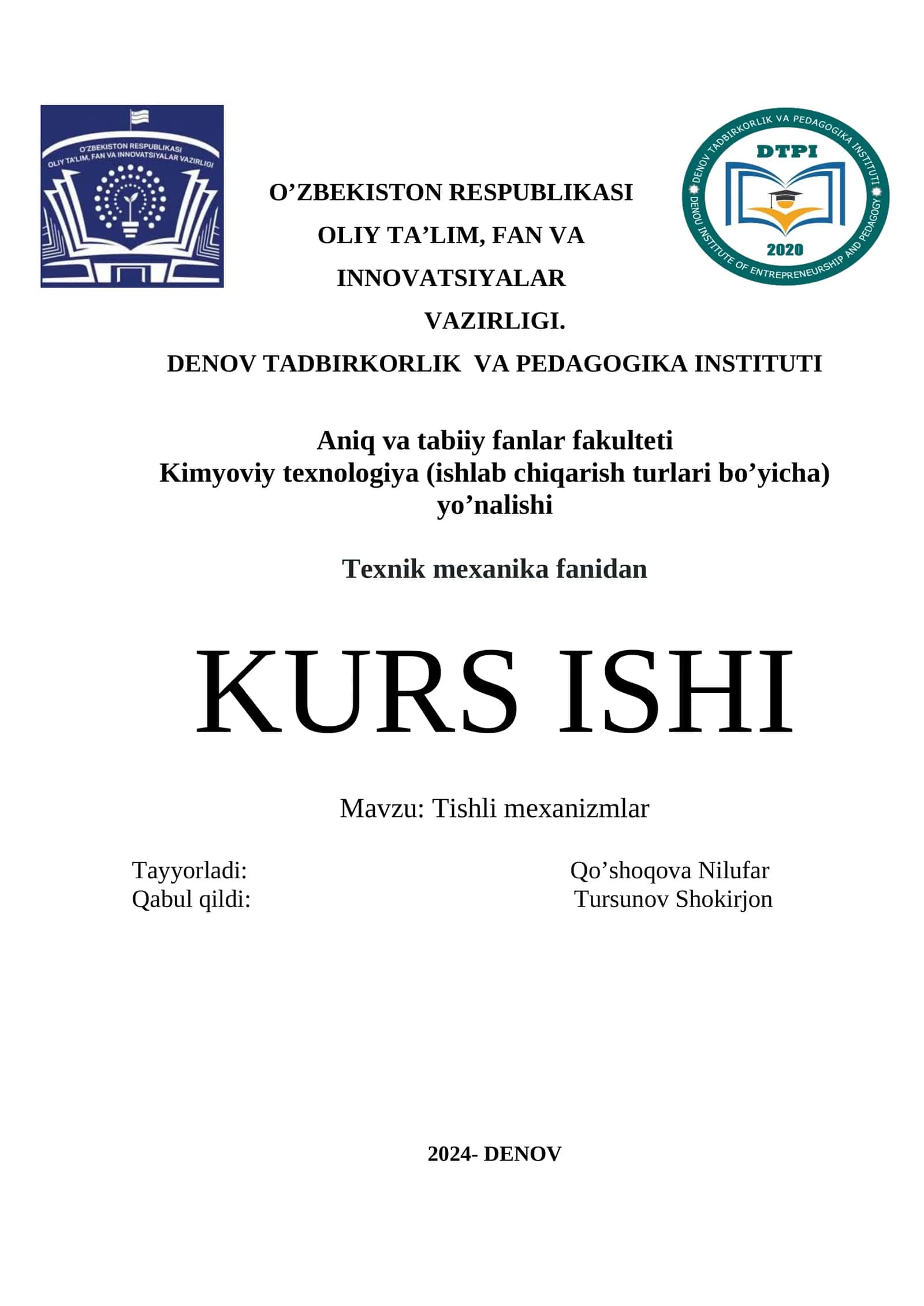 KURS ISHI: Tishli mexanizmlar
