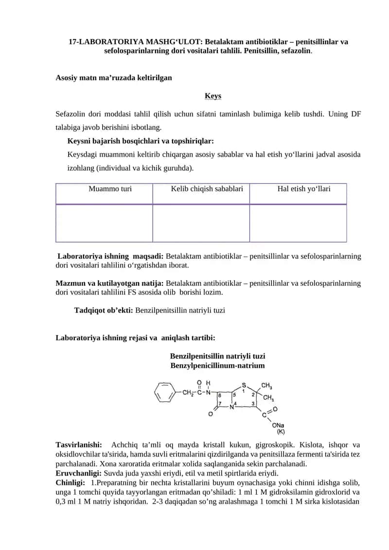 Betalaktam antibiotiklar – penitsillinlar va sefolosparinlarning dori vositalari tahlili