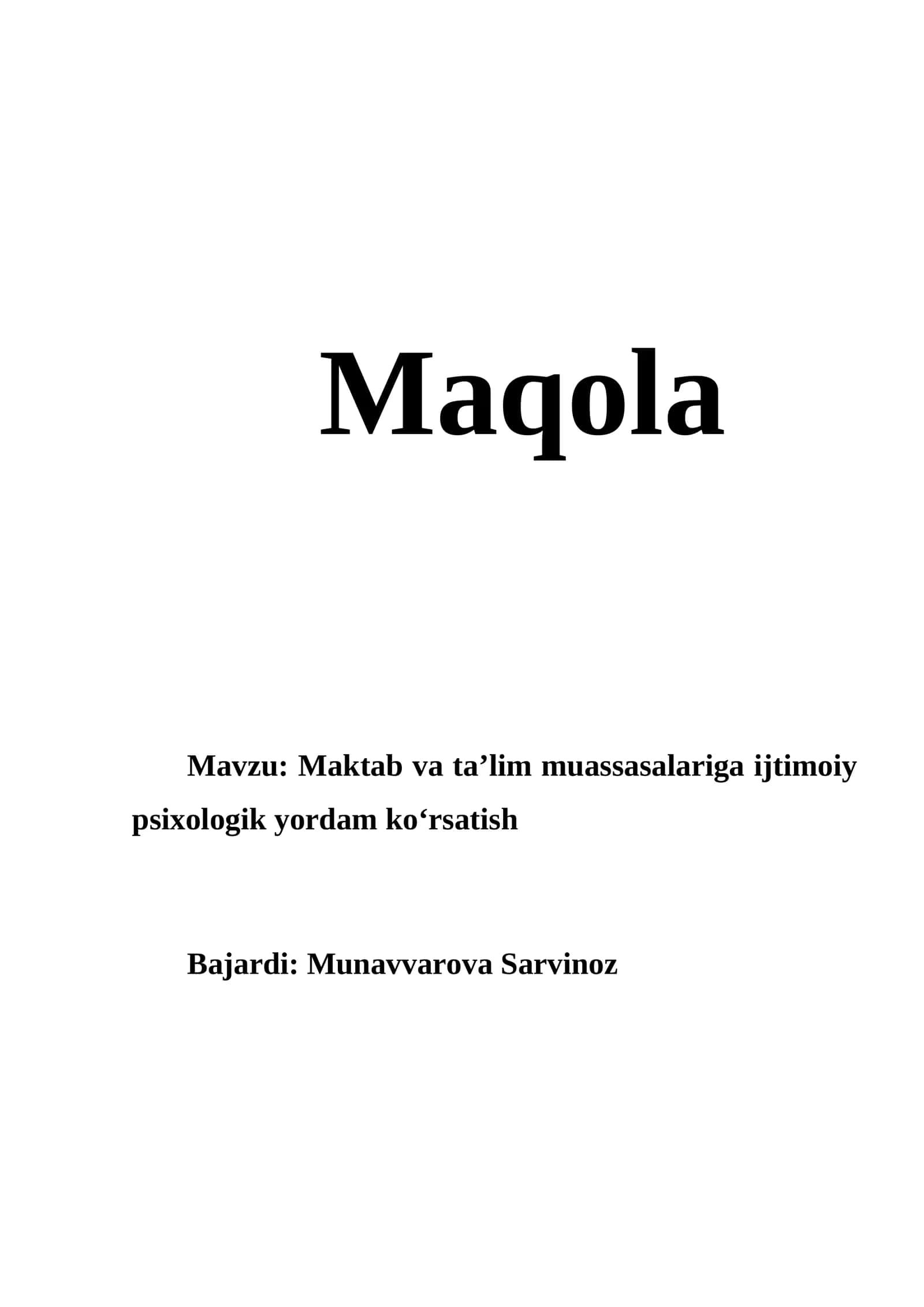 Maktab va taʼlim muassasalariga ijtimoiy psixologik yordam koʻrsatish