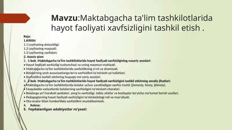 Maktabgacha ta'lim tashkilotida hayot faoliyati xavfsizligini tashkil etish