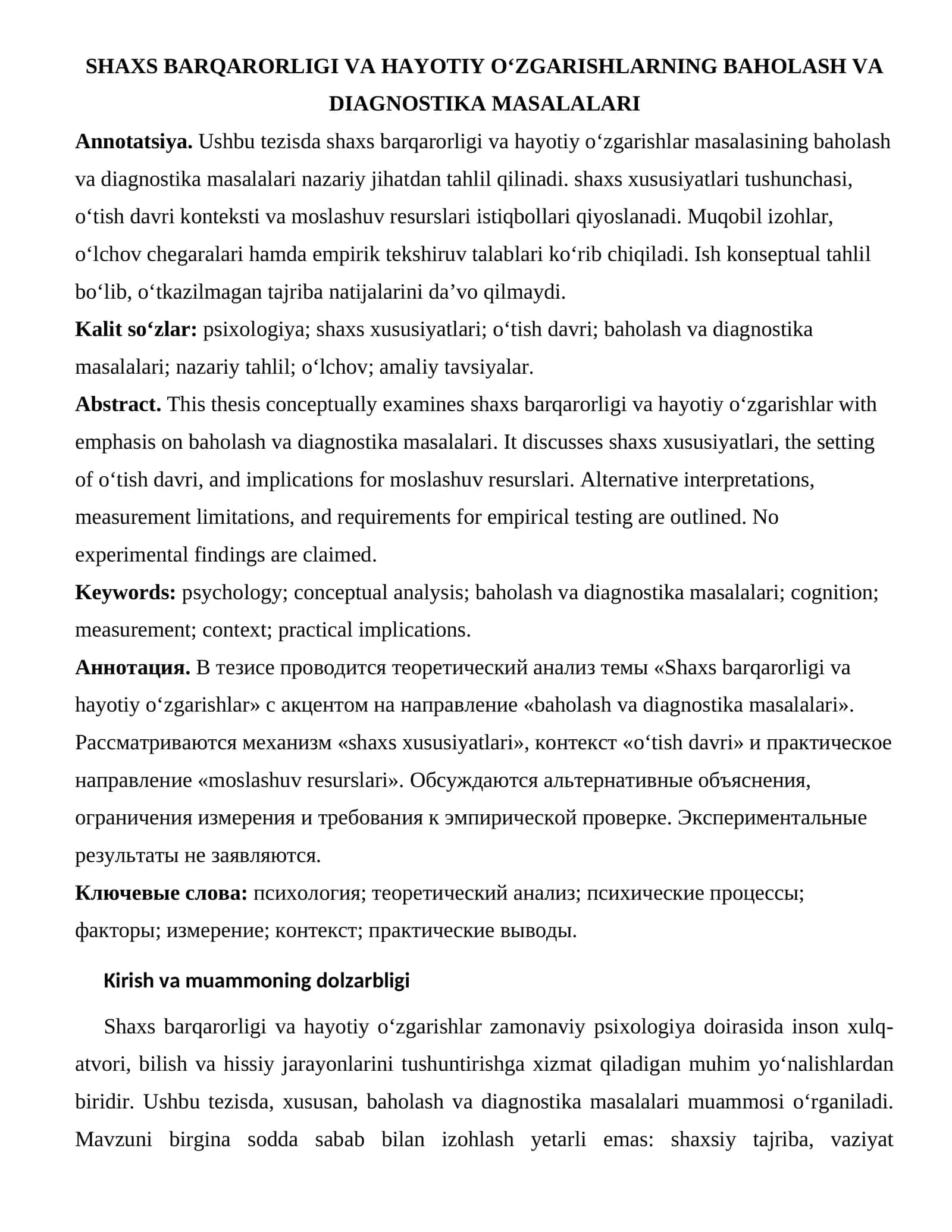 SHAXS BARQARORLIGI VA HAYOTIY O‘ZGARISHLARNING BAHOLASH VA DIAGNOSTIKA MASALALARI