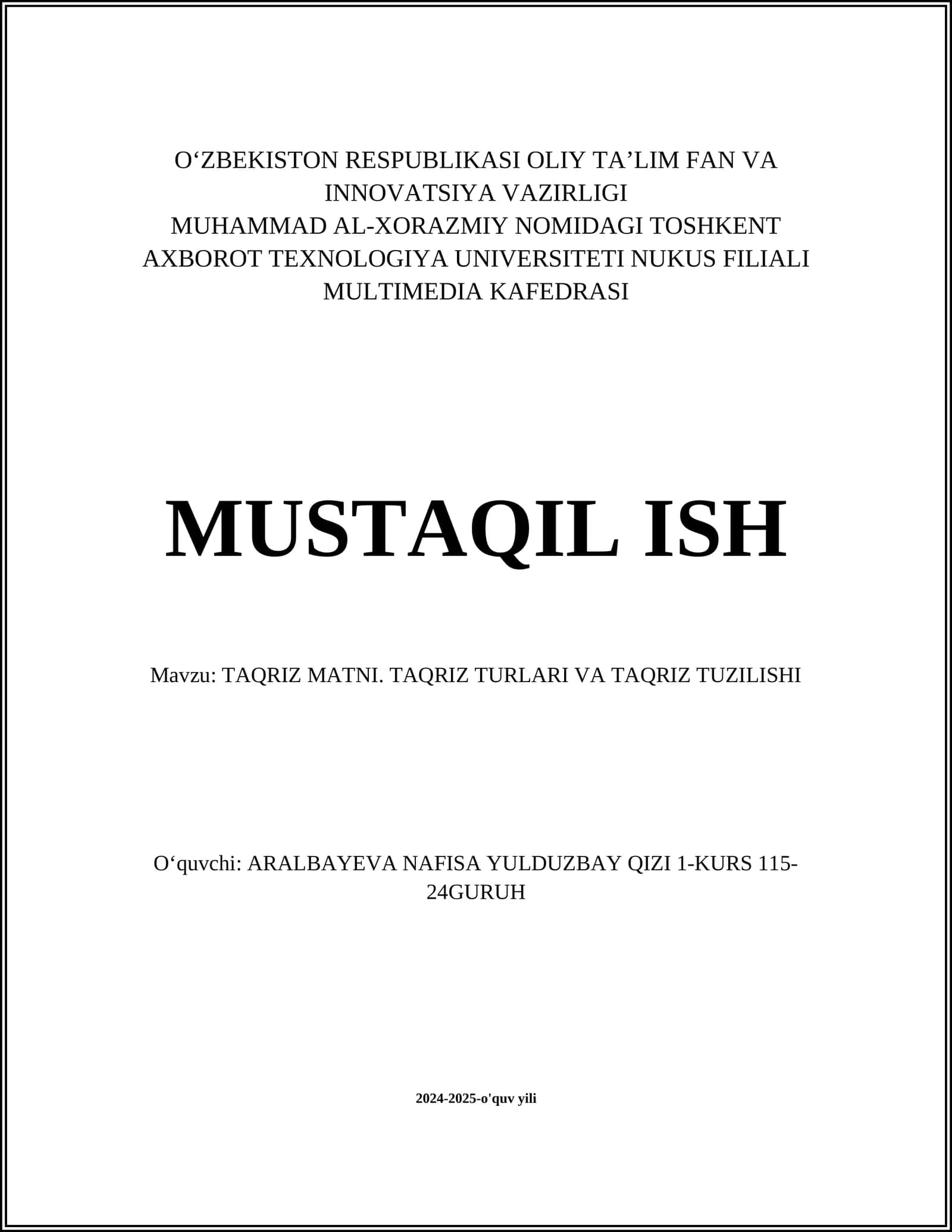 TAQRIZ MATNI. TAQRIZ TURLARI VA TAQRIZ TUZILISHI