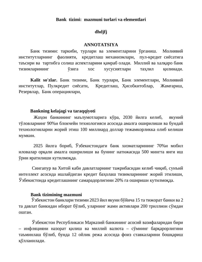 Bank tizimi: mazmuni turlari va elementlari