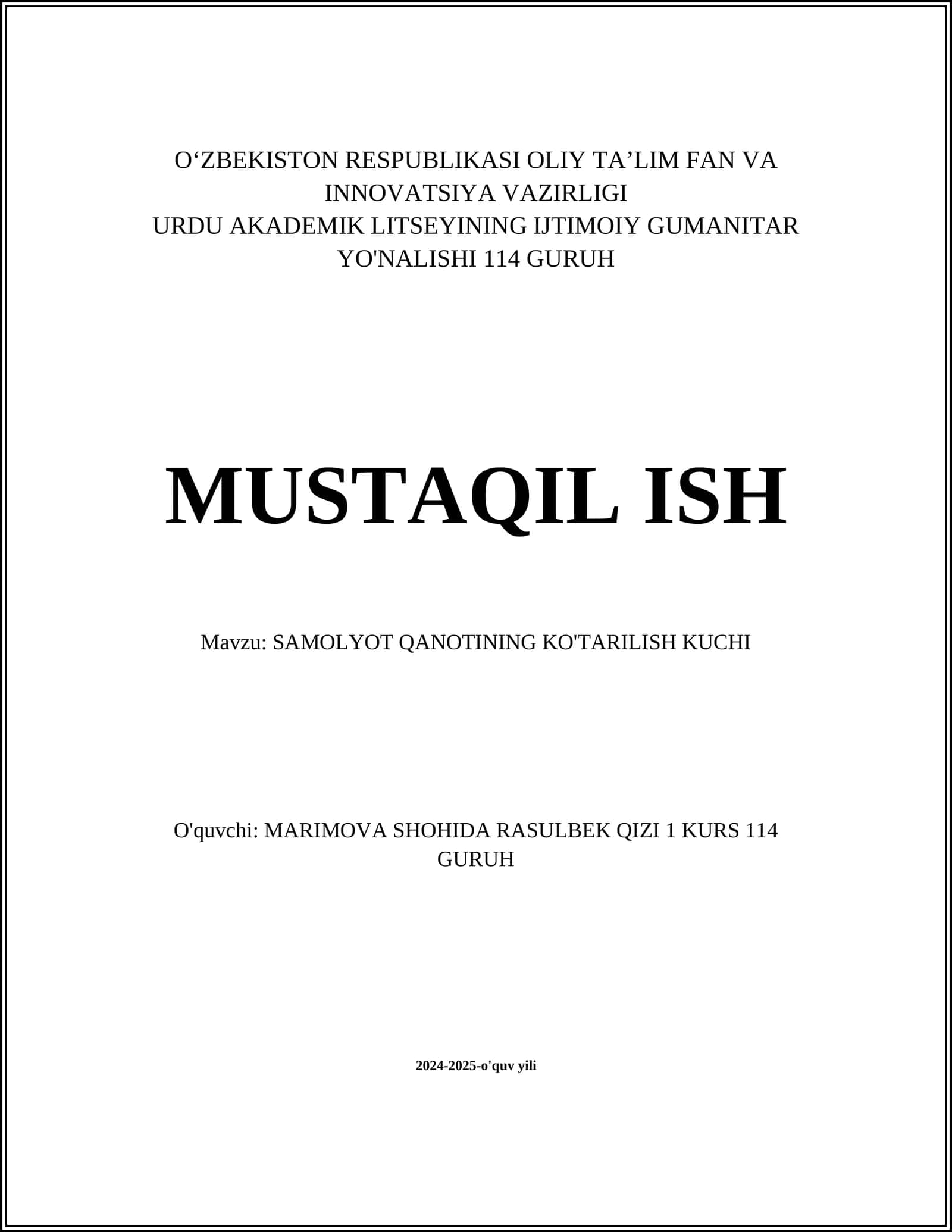 SAMOLYOT QANOTINING KO'TARILISH KUCHI