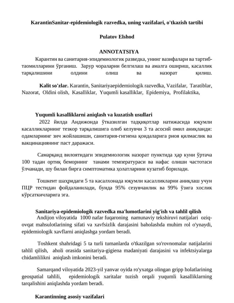 KarantinSanitar-epidemiologik razvedka, uning vazifalari, o'tkazish tartibi