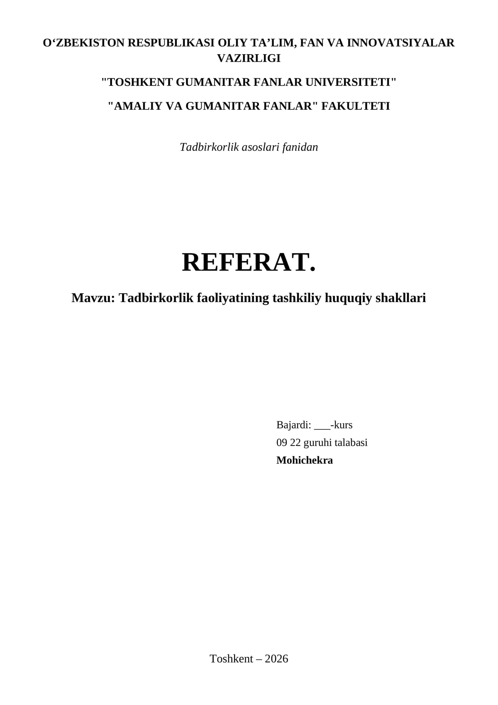 Tadbirkorlik faoliyatining tashkiliy huquqiy shakllari