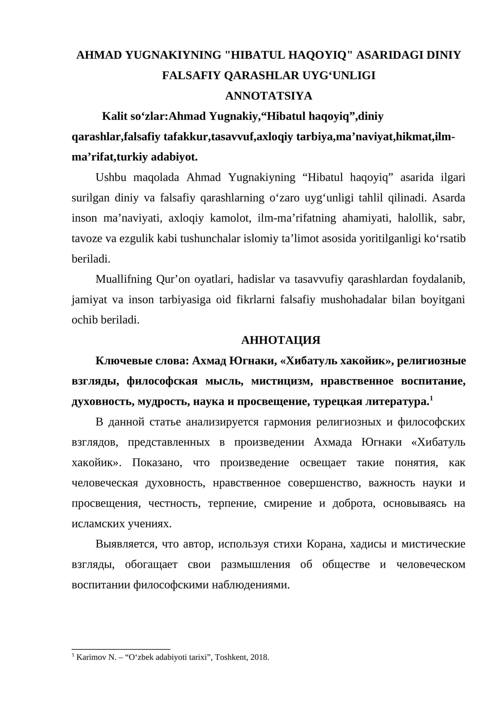 AHMAD YUGNAKIYNING HIBATUL HAQOYIQ ASARIDAGI DINIY FALSAFIY QARASHLAR UYGʻUNLIGI