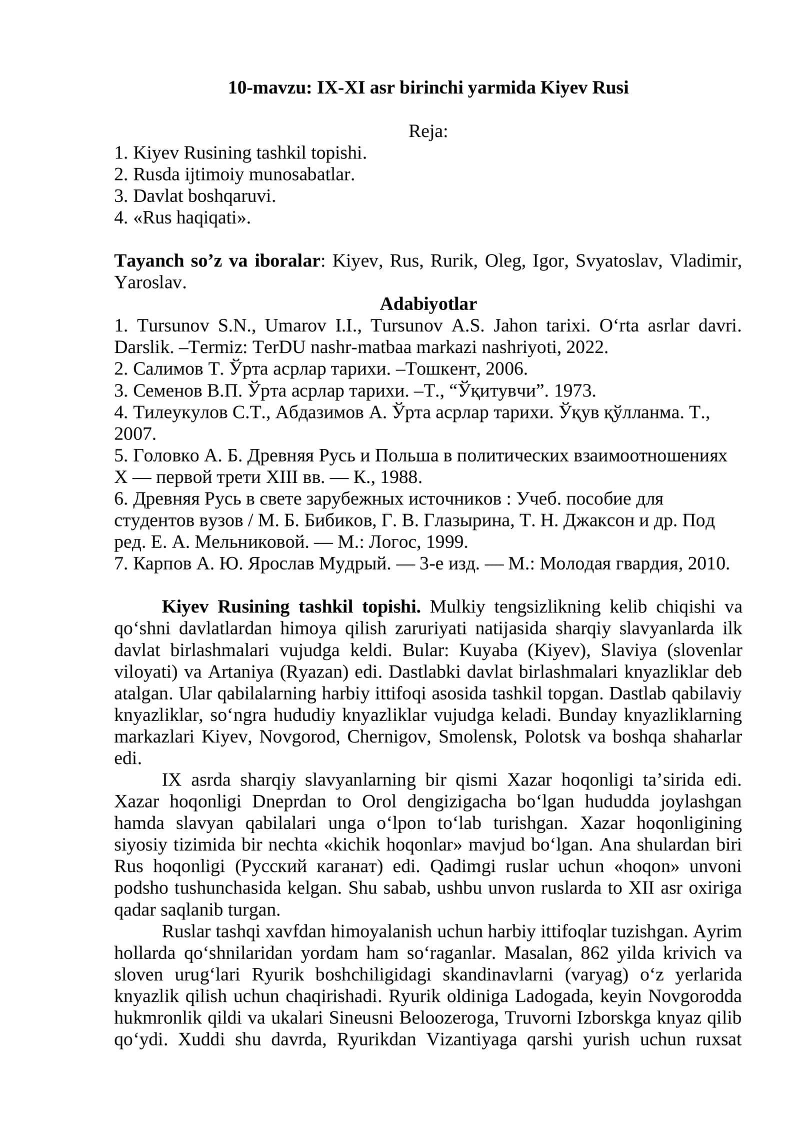 10-mavzu: IX-XI asr birinchi yarmida Kiyev Rusi