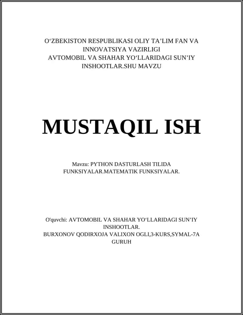 PYTHON DASTURLASH TILIDA FUNKSIYALAR