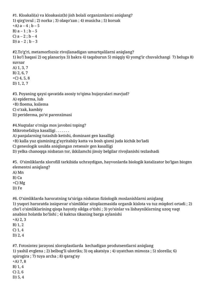 Kloakali(a) va kloakasiz(b) jish bolali organizmlarni aniqlang