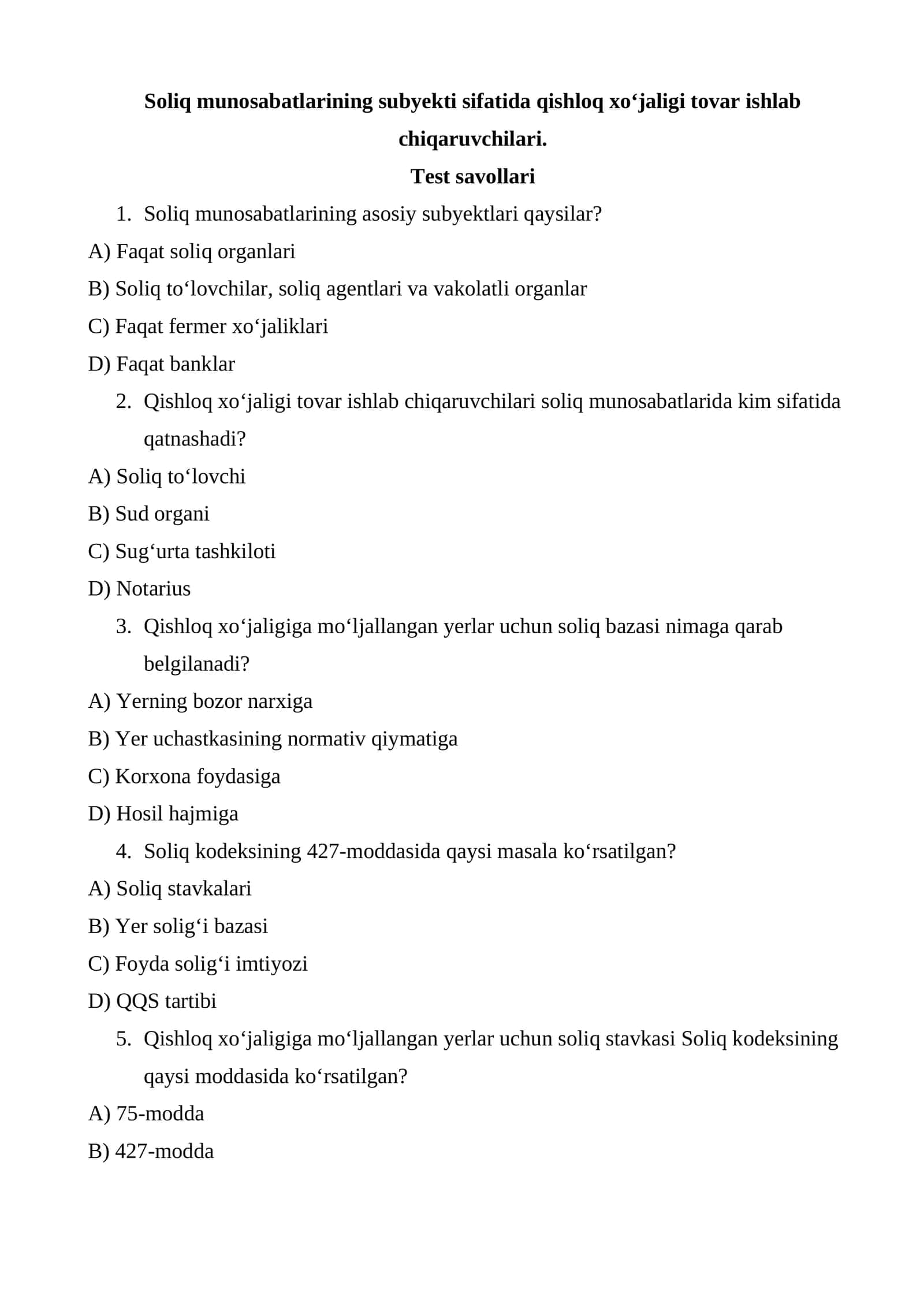 Soliq munosabatlarining subyekti sifatida qishloq xо‘jaligi tovar ishlab chiqaruvchilari