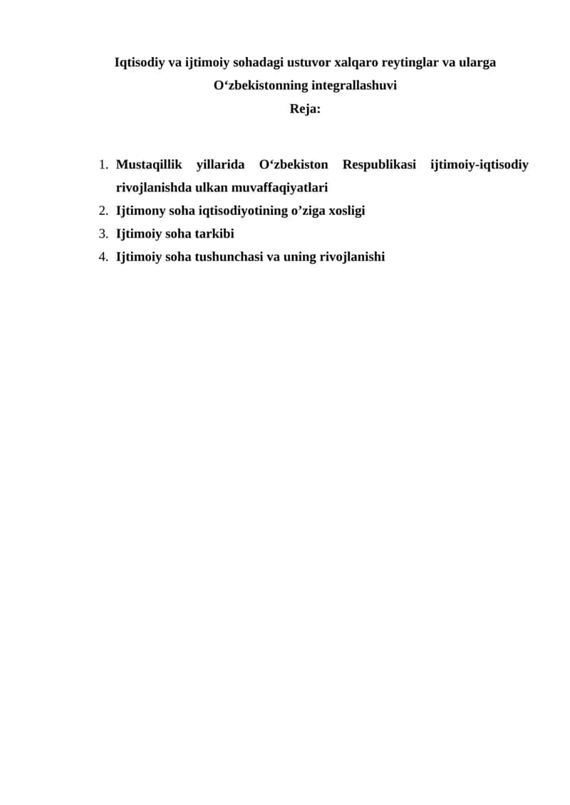 Iqtisodiy va ijtimoiy sohadagi ustuvor xalqaro reytinglar va ularga Oʻzbekistonning integrallashuvi