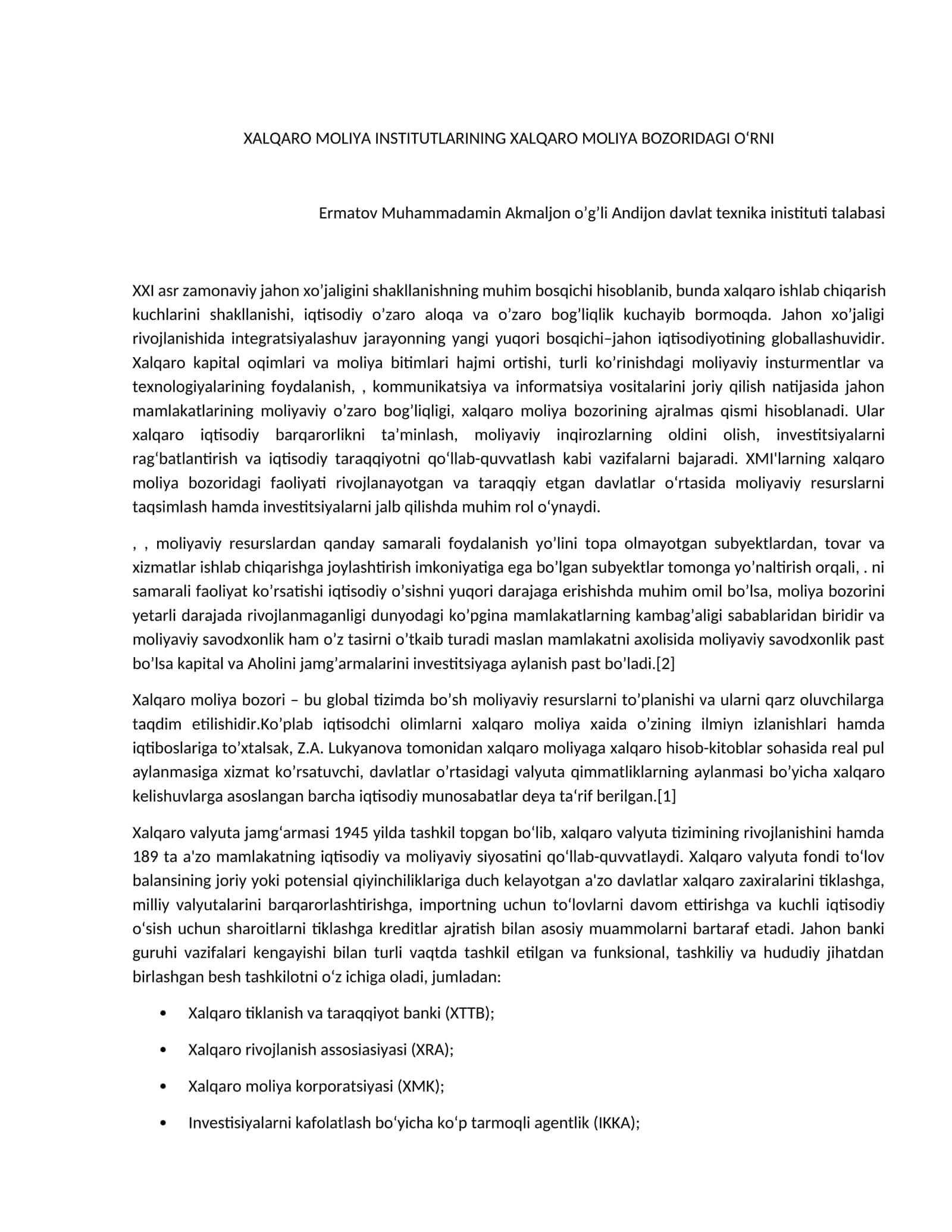 XALQARO MOLIYA INSTITUTLARINING XALQARO MOLIYA BOZORIDAGI O‘RNI