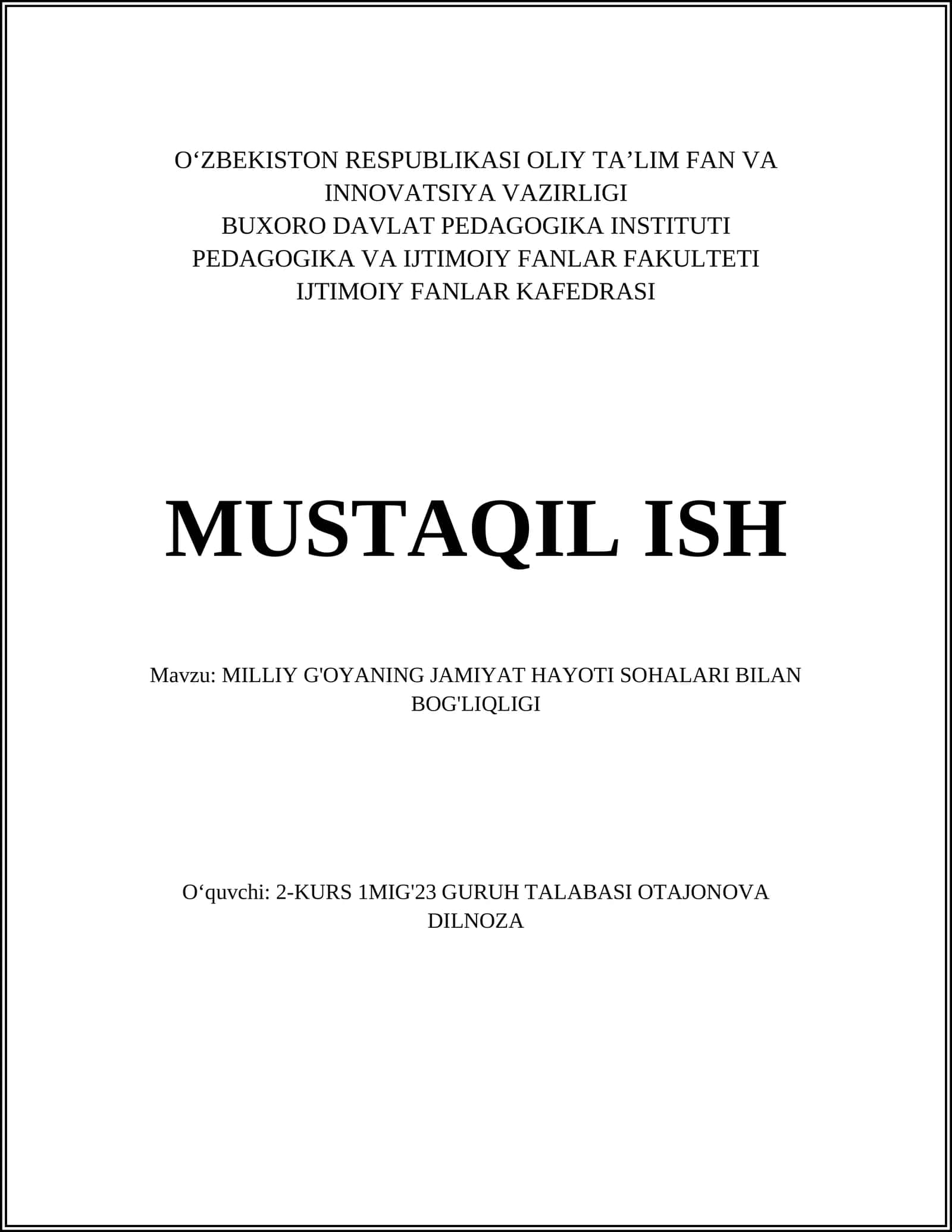 MILLIY G'OYANING JAMIYAT HAYOTI SOHALARI BILAN BOG'LIQLIGI