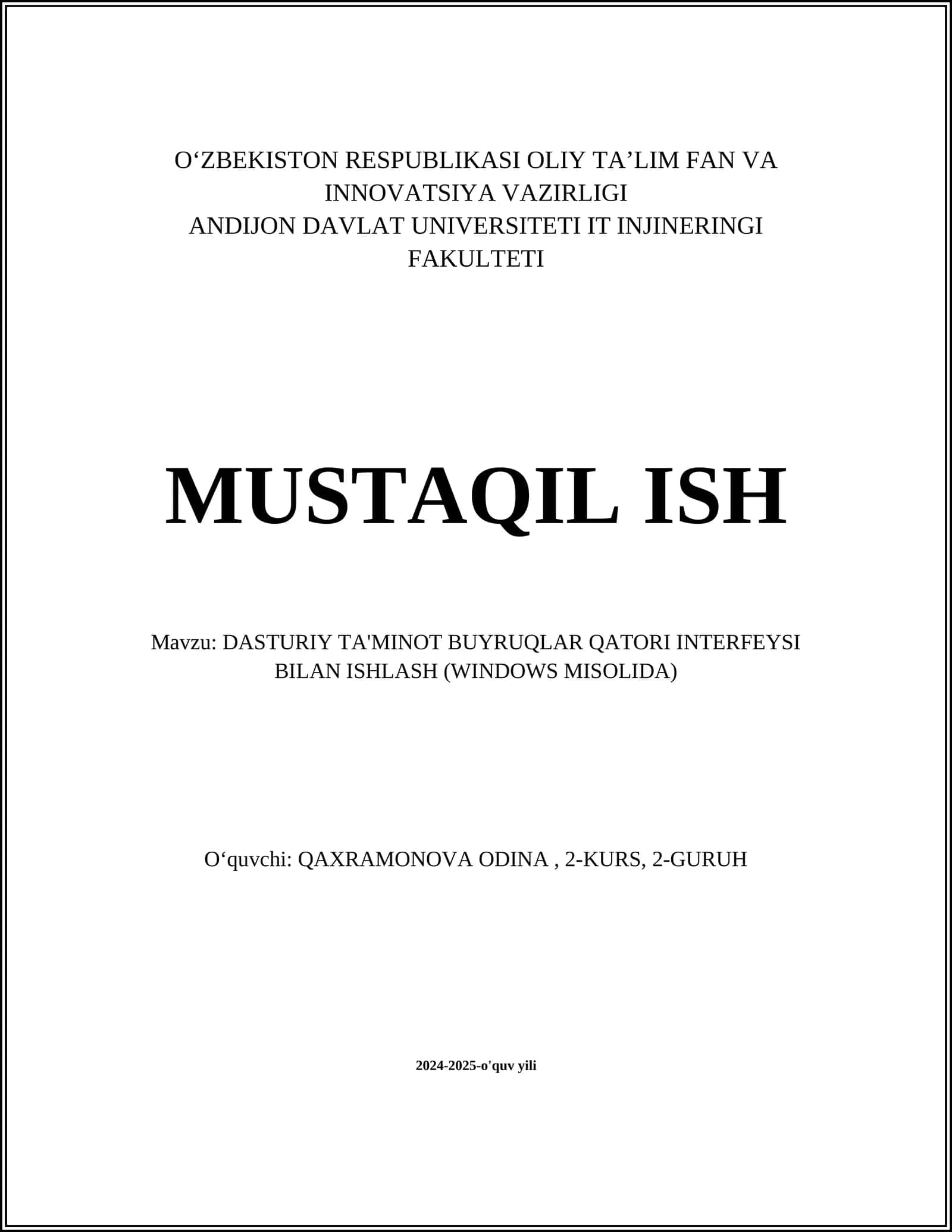 DASTURIY TA'MINOT BUYRUQLAR QATORI INTERFEYSI BILAN ISHLASH (WINDOWS MISOLIDA)