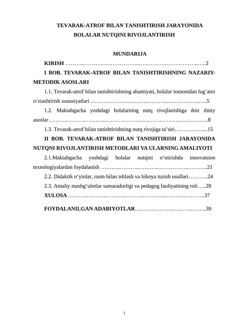 TEVARAK-ATROF BILAN TANISHTIRISH JARAYONIDA BOLALAR NUTQINI RIVOJLANTIRISH