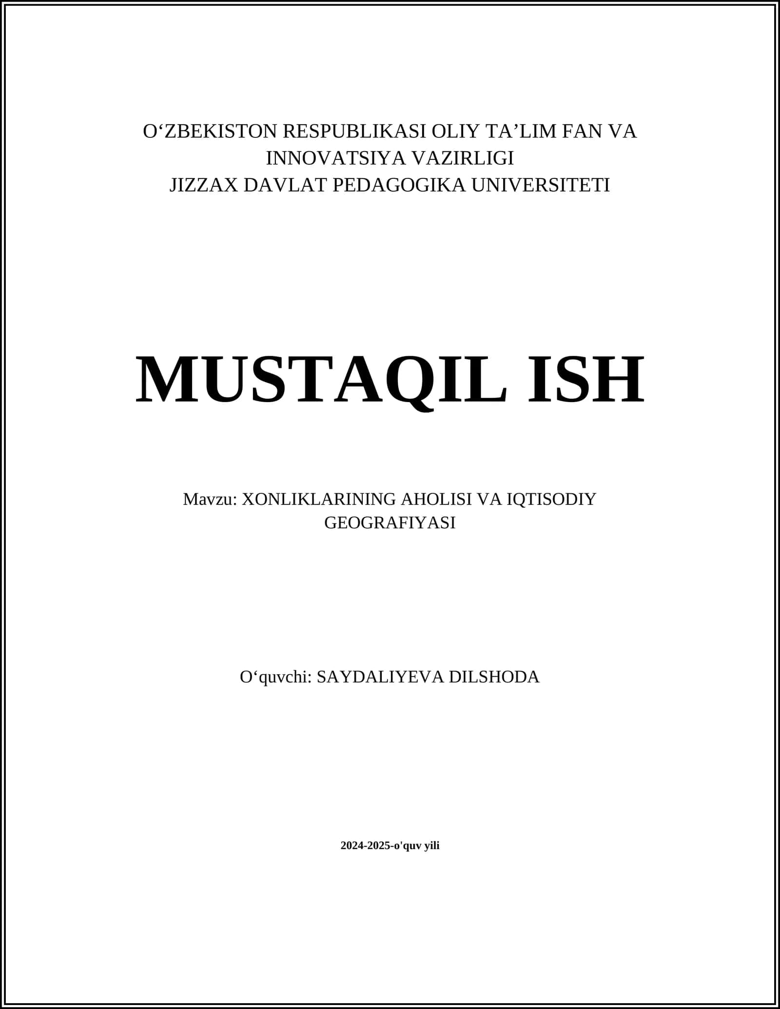 XONLIKLARINING AHOLISI VA IQTISODIY GEOGRAFIYASI
