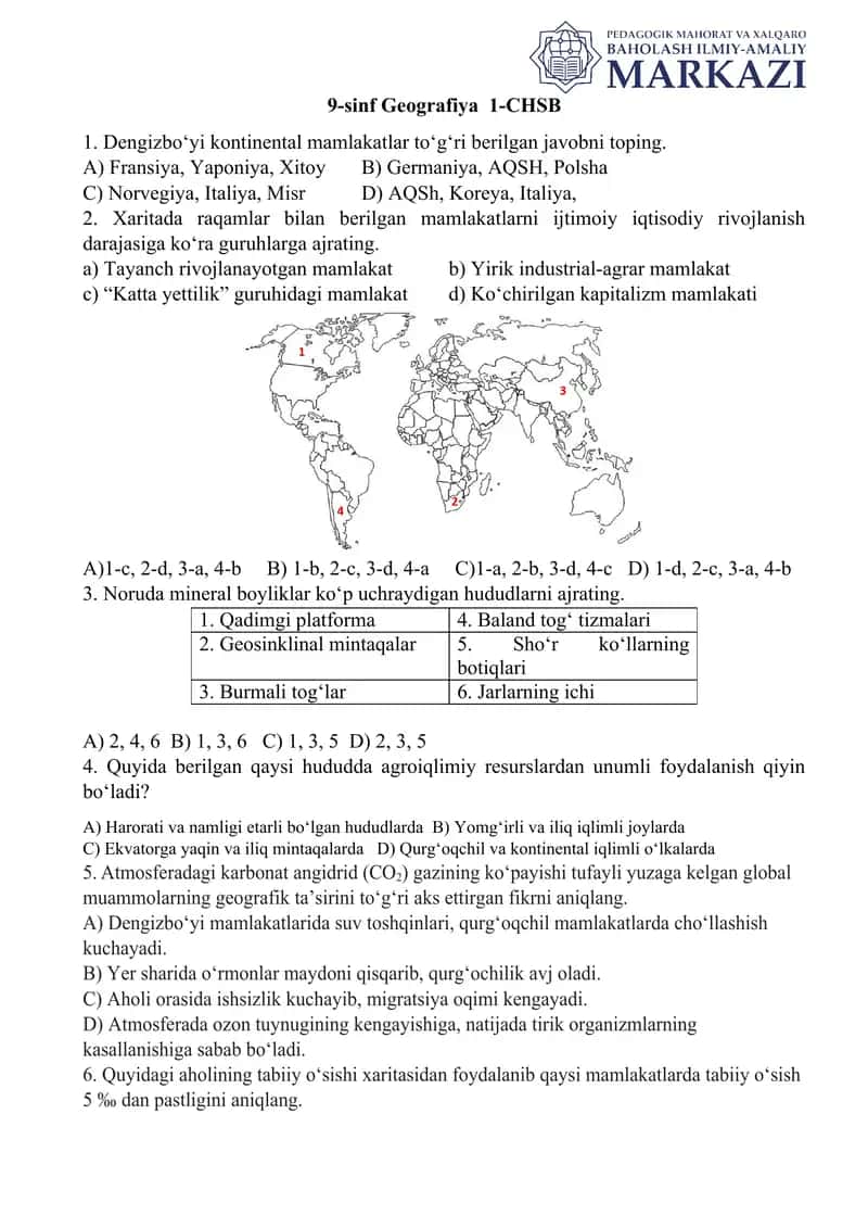 9 sinf geografiya CHSB savollari