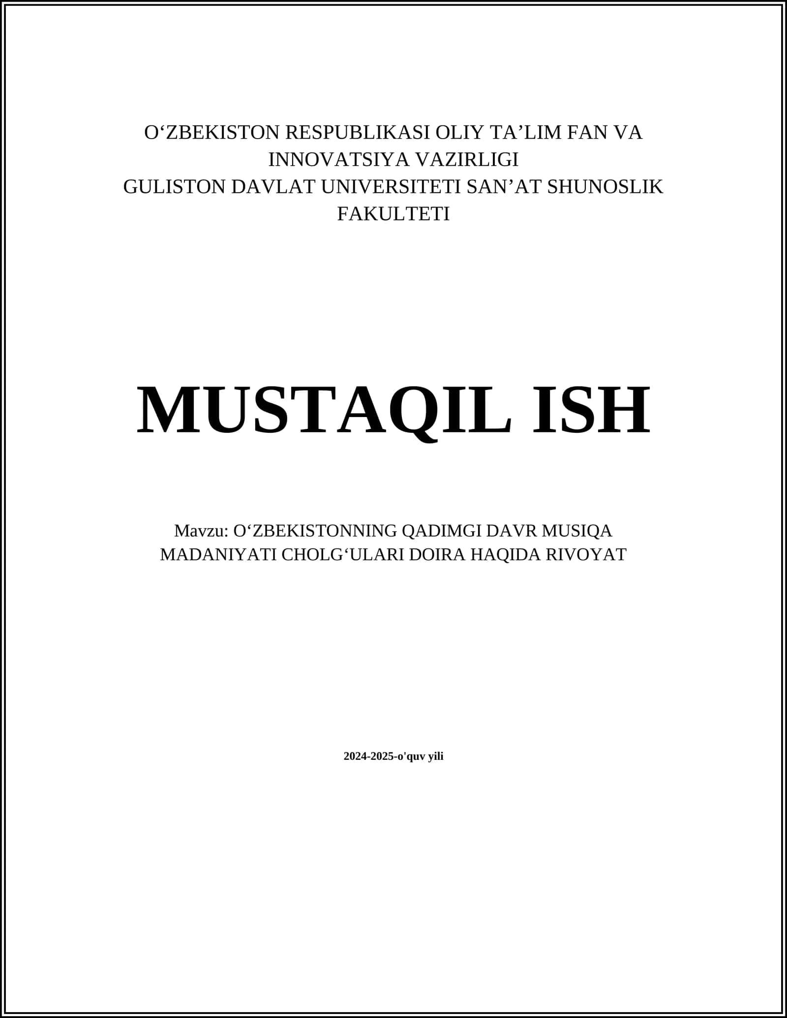 O‘ZBEKISTONNING QADIMGI DAVR MUSIQA MADANIYATI CHOLGʻULARI DOIRA HAQIDA RIVOYAT