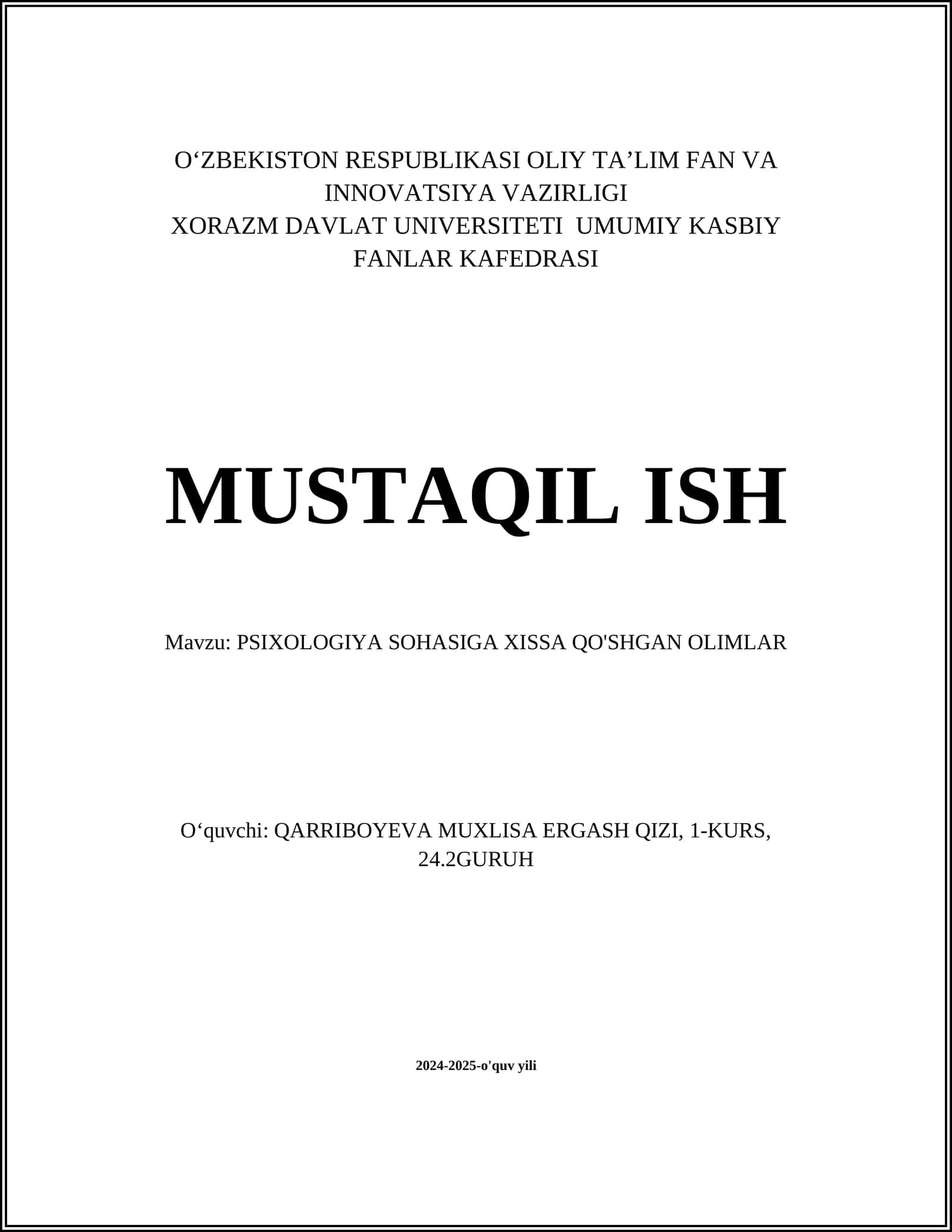 PSIXOLOGIYA SOHASIGA XISSA QO'SHGAN OLIMLAR