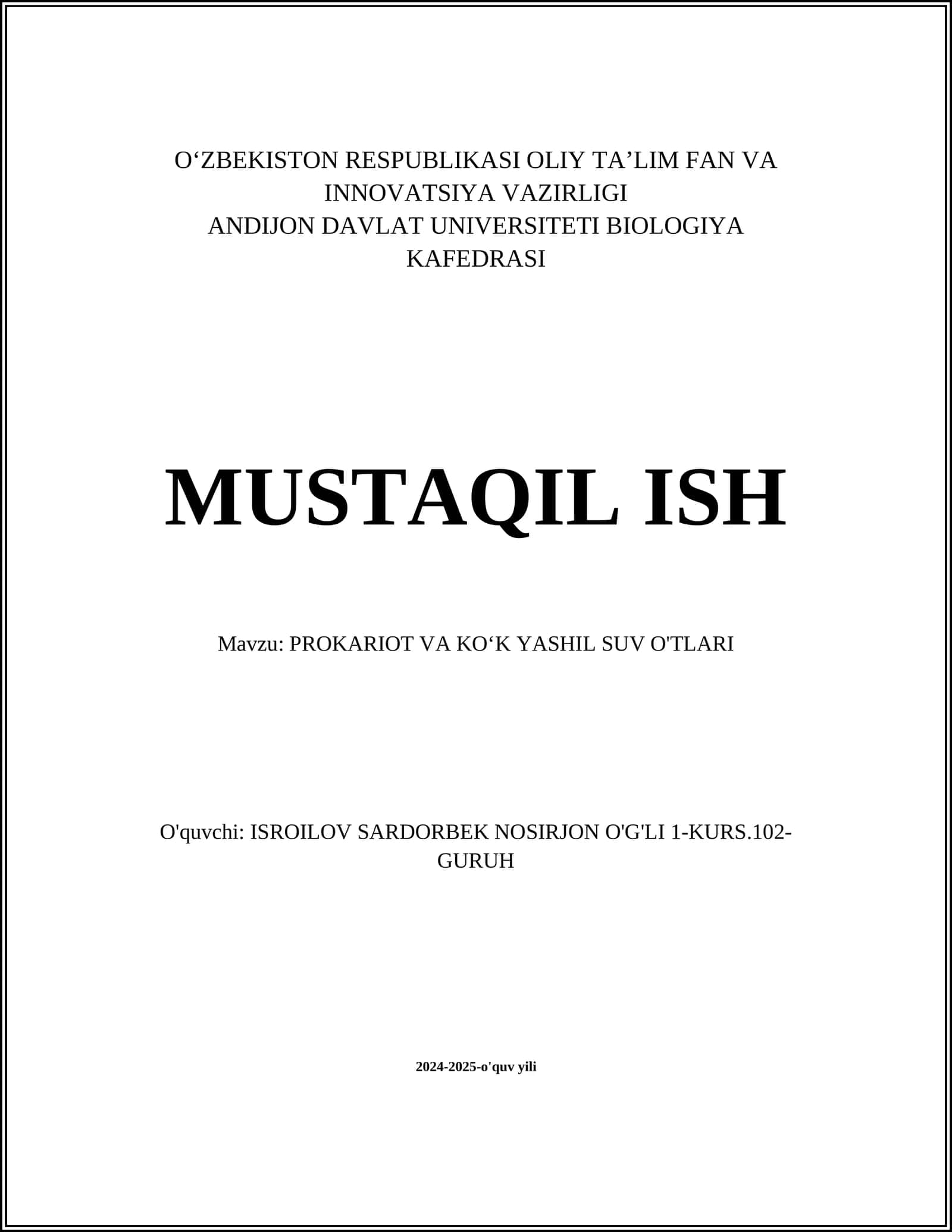PROKARIOT VA KOʻK YASHIL SUV O'TLARI
