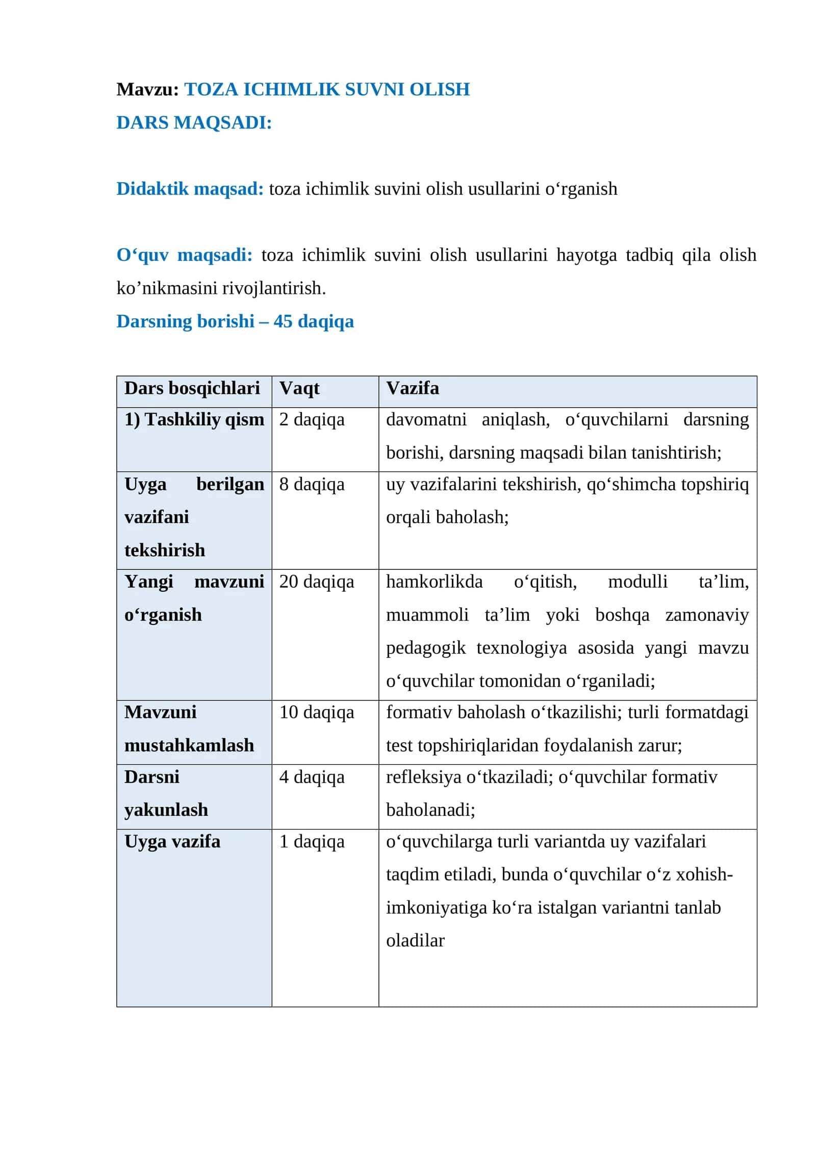 Biologiya fanidan Toza ichimlik suvni olish mavzusida ochiq dars ishlanma