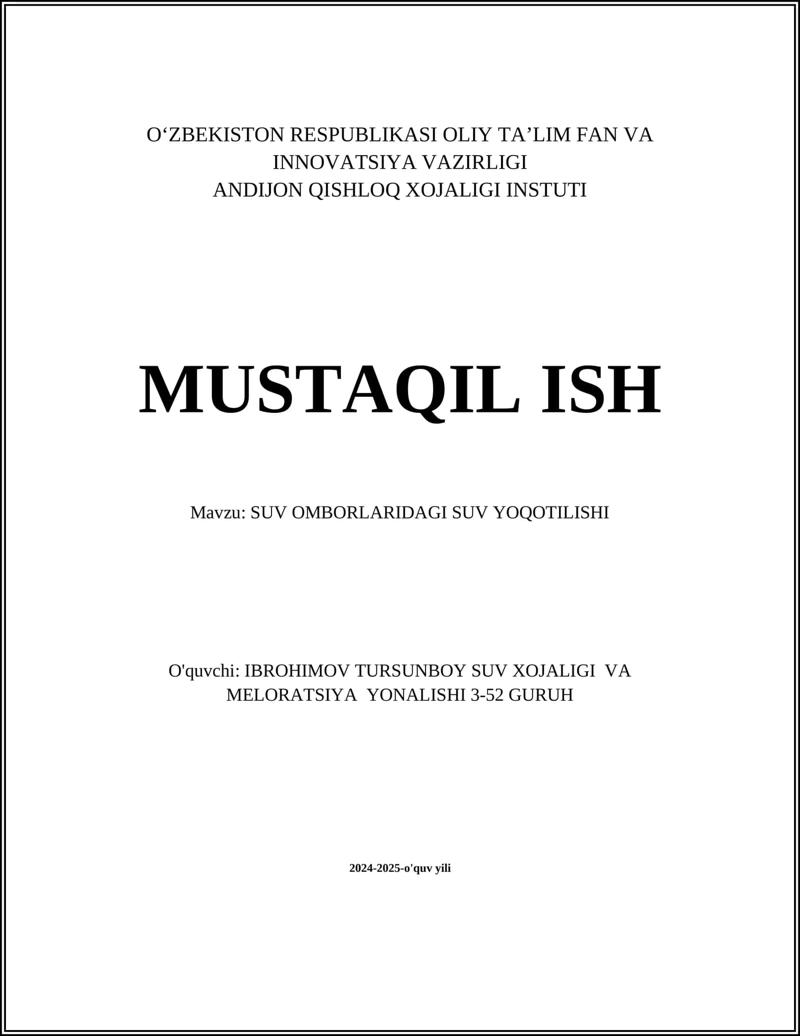 SUV OMBORLARIDAGI SUV YOQOTILISHI