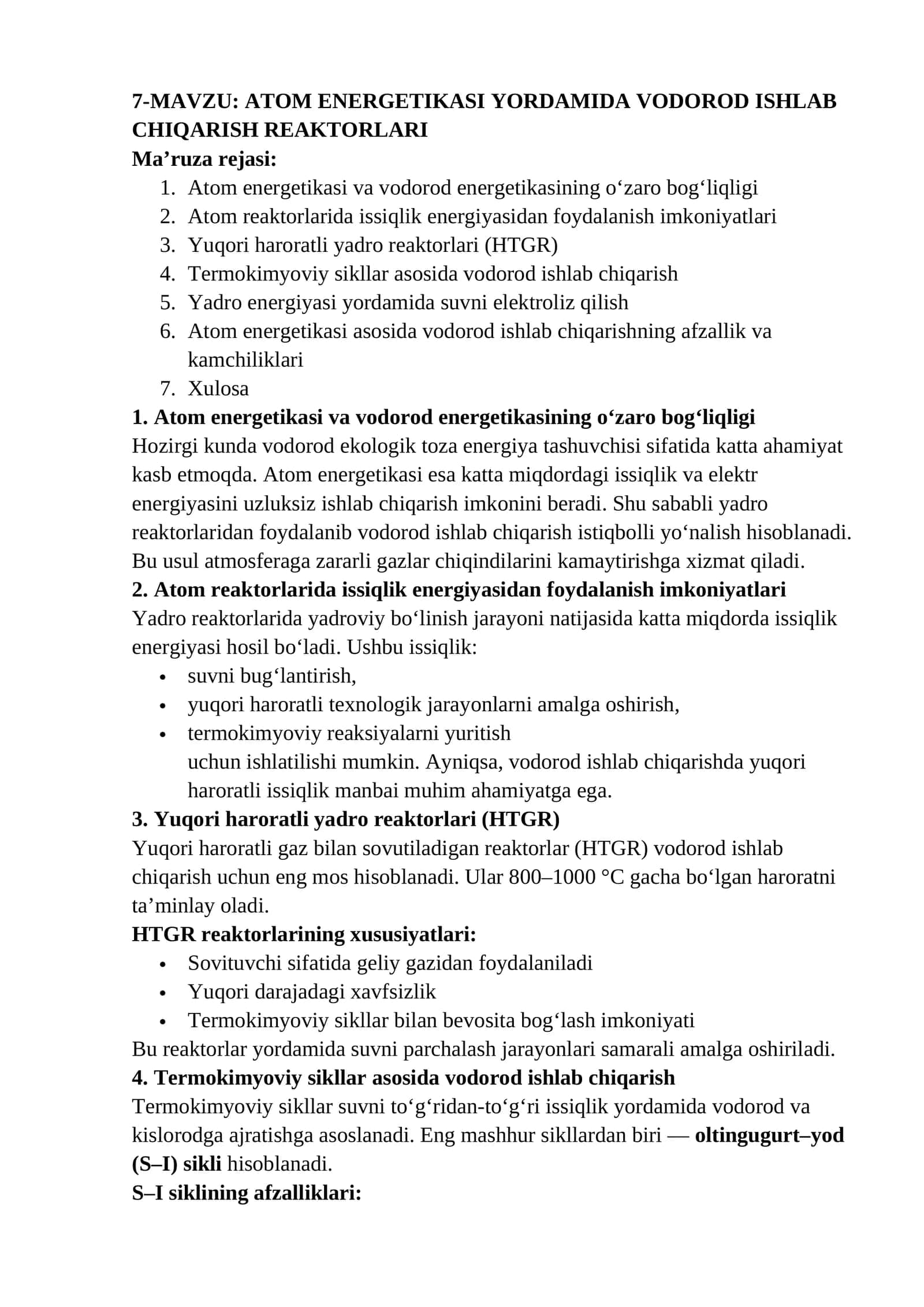 ATOM ENERGETIKASI YORDAMIDA VODOROD ISHLAB CHIQARISH REAKTORLARI
