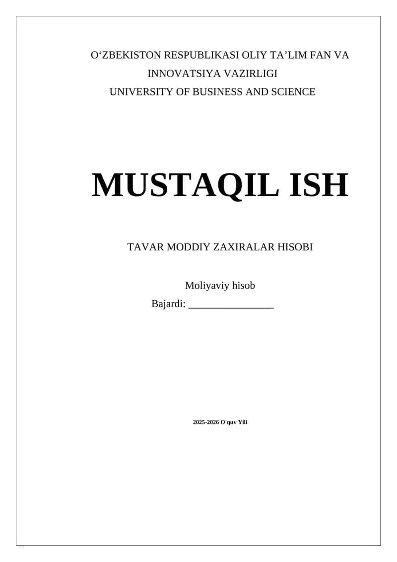 Tavar Moddiy Zaxiralar Hisobi